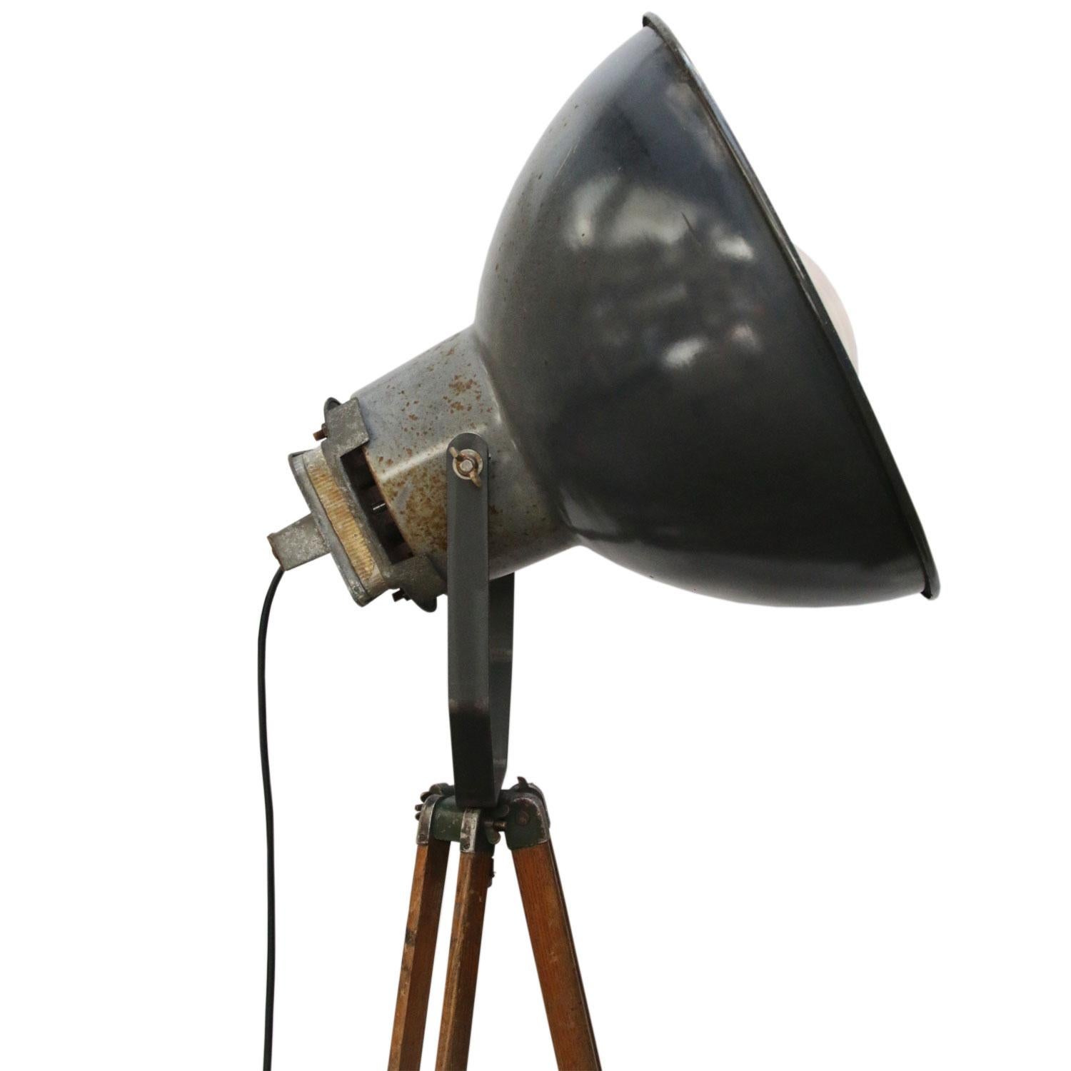 20th Century Black Enamel Vintage Industrial Wooden Tripod Lamps
