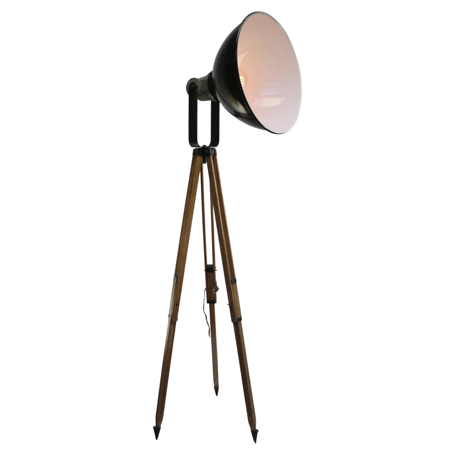 Black Enamel Vintage Industrial Wooden Tripod Spot Light Floor Lamp For Sale at 1stDibs