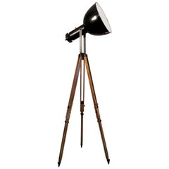 Black Enamel Vintage Industrial  Wooden Tripod Spotlight Floor Lamps