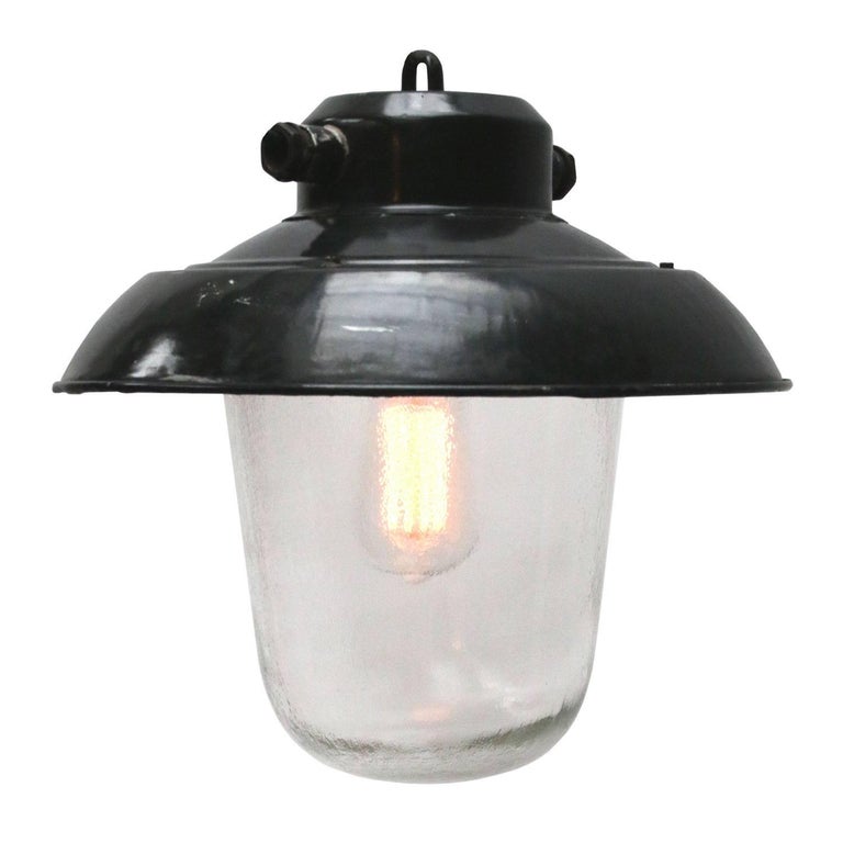 Black Enamel Vintage Industrial Clear Glass Pendant Lights 3x At Black Enamel Vintage Industrial Clear Glass Pendant Lights 3x For