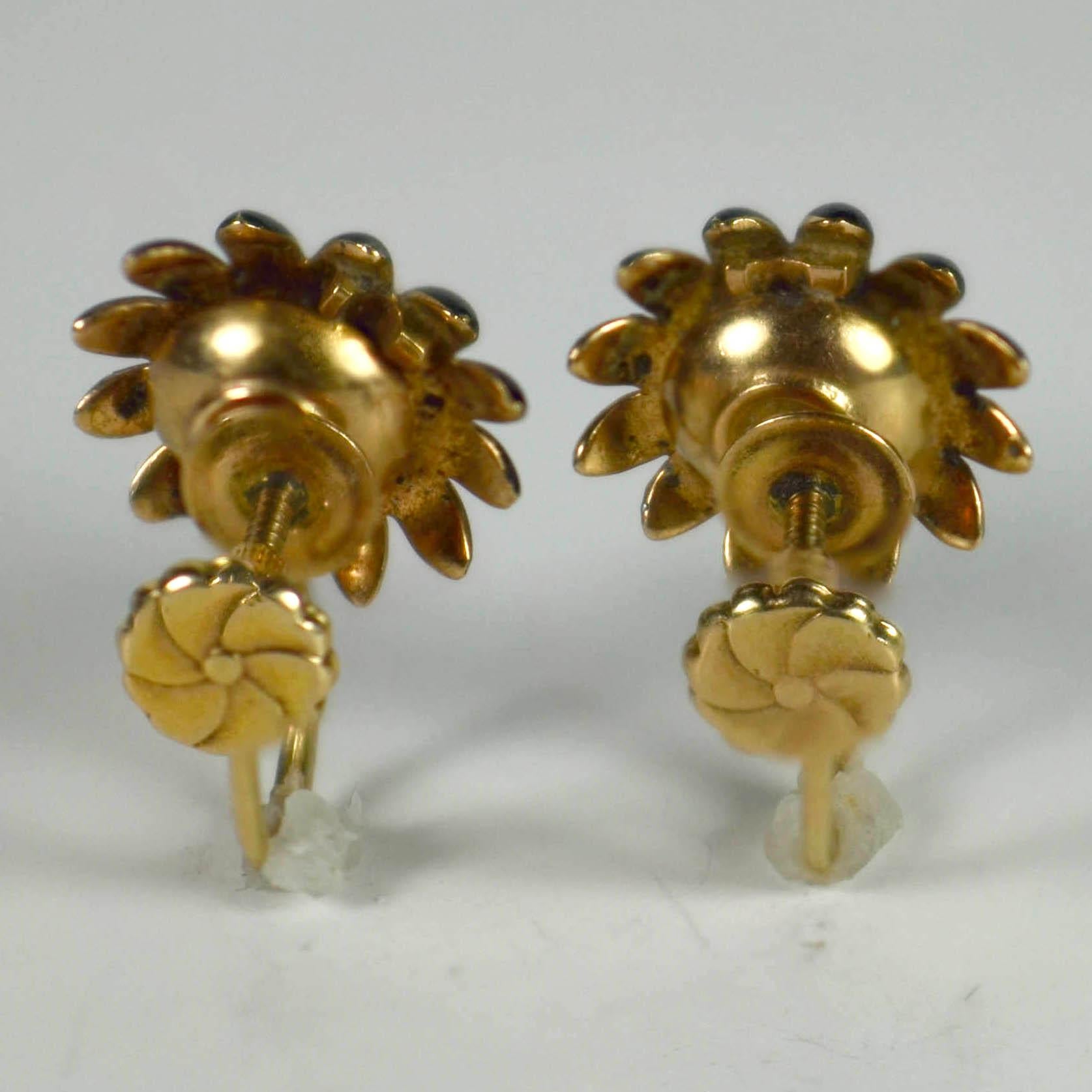 Old European Cut Black Enamel White Diamond Yellow Gold Flower Earrings