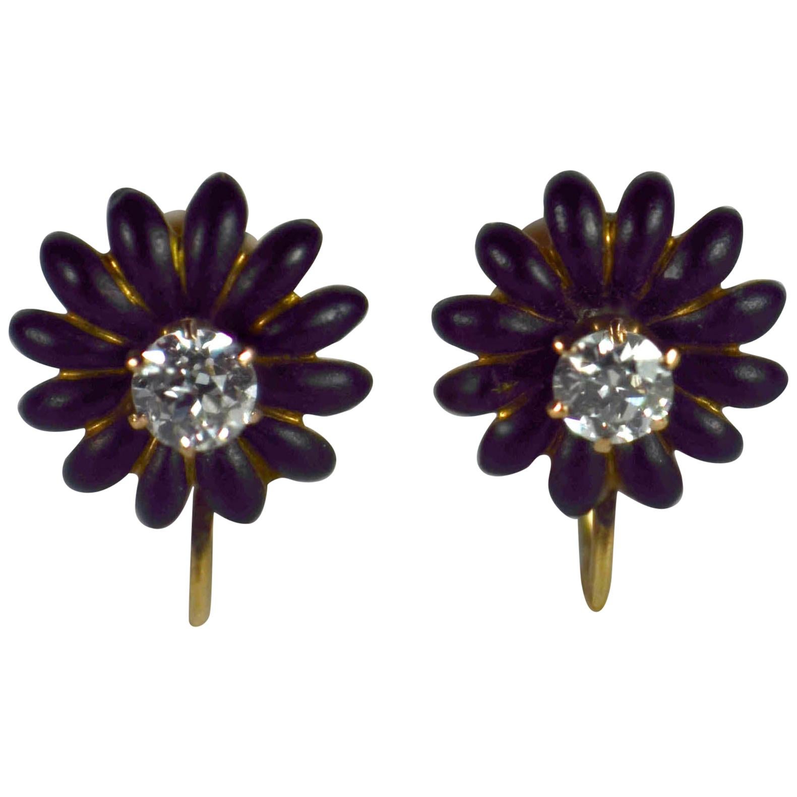 Diamond Enamel Flower Earrings
