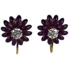 Antique Black Enamel White Diamond Yellow Gold Flower Earrings