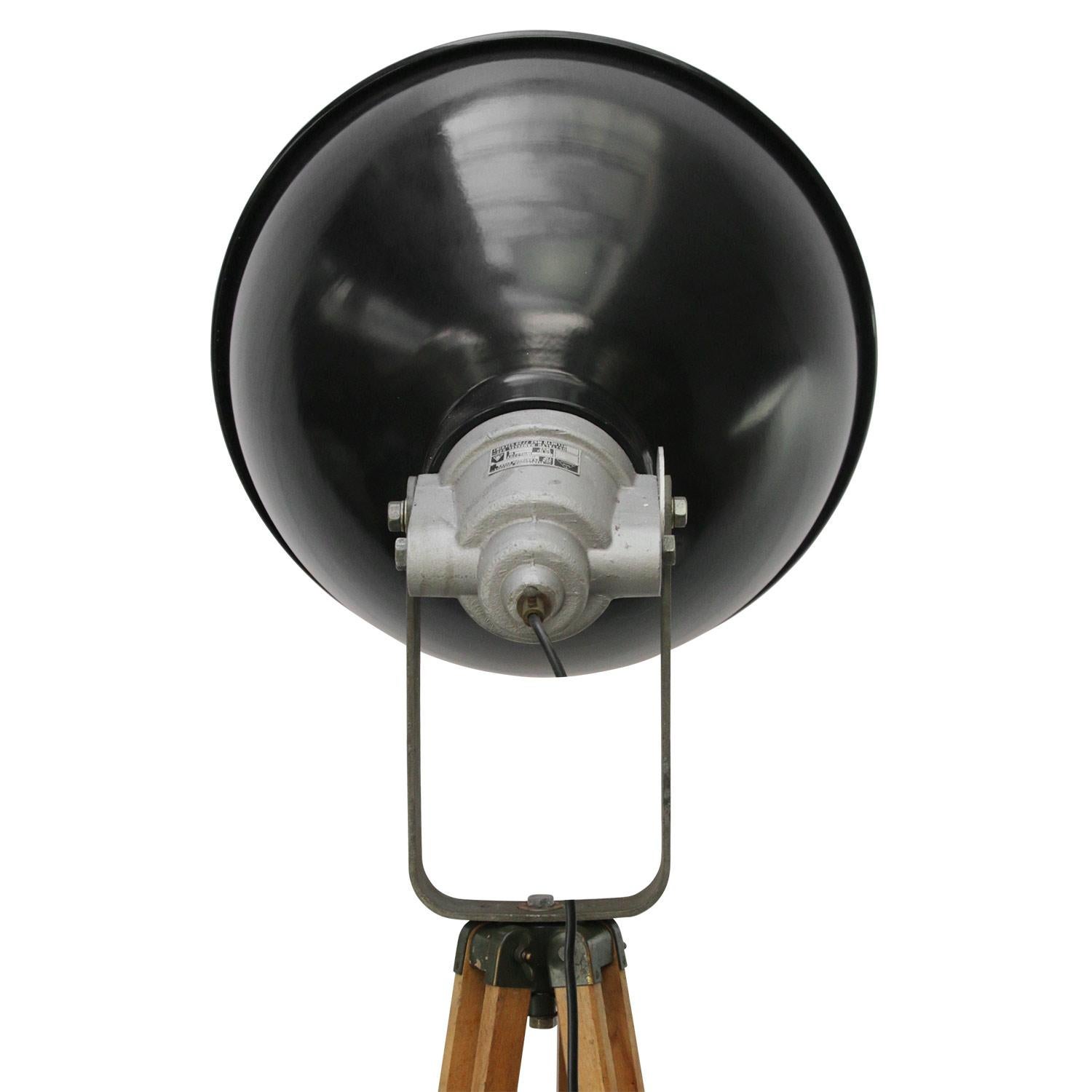 French Black Enamel Wooden Vintage Industrial Spot Light Floor Lamp