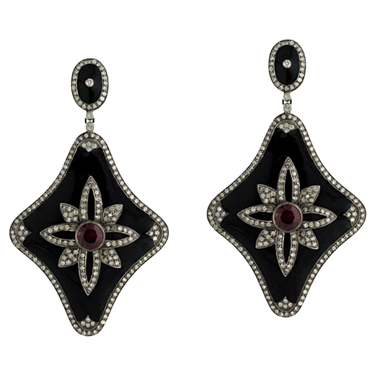 Black Enameled Dangle Earrings With Pave Diamonds & Ruby For Sale