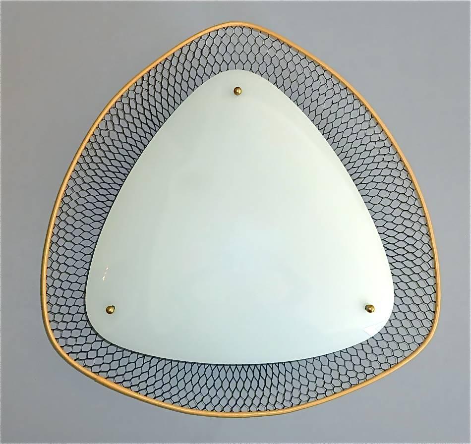 Sculptural midcentury organic shape acrylic ceiling lamp or flush mount with a stretched black enameled metal frame, designed and executed in the 1950s in France or Italy, and which is strongly inspired and influenced by the famous designers Gino