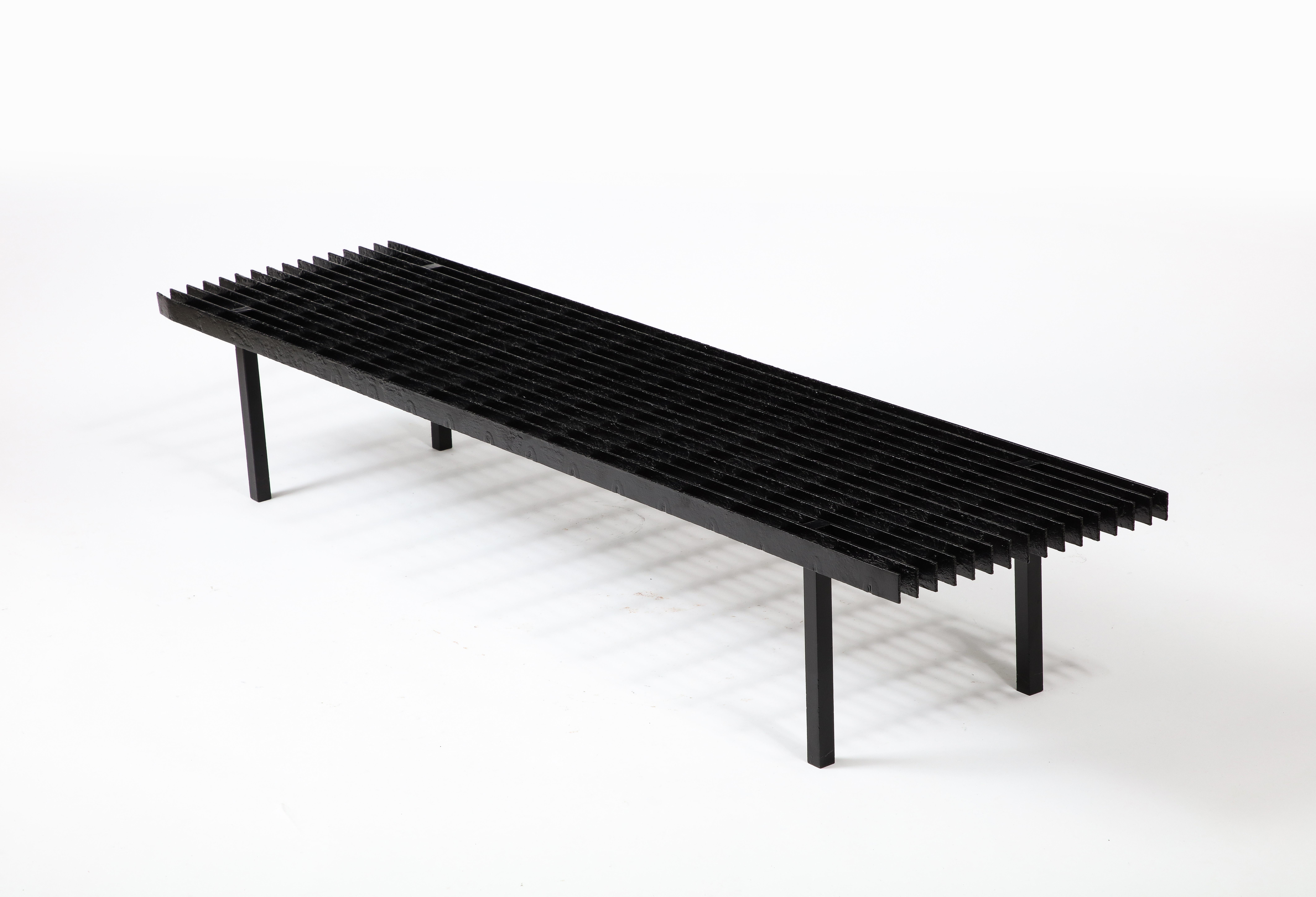 Black Enameled Steel Slat Bench or Low Coffee Table, USA 1970's In Good Condition For Sale In New York, NY