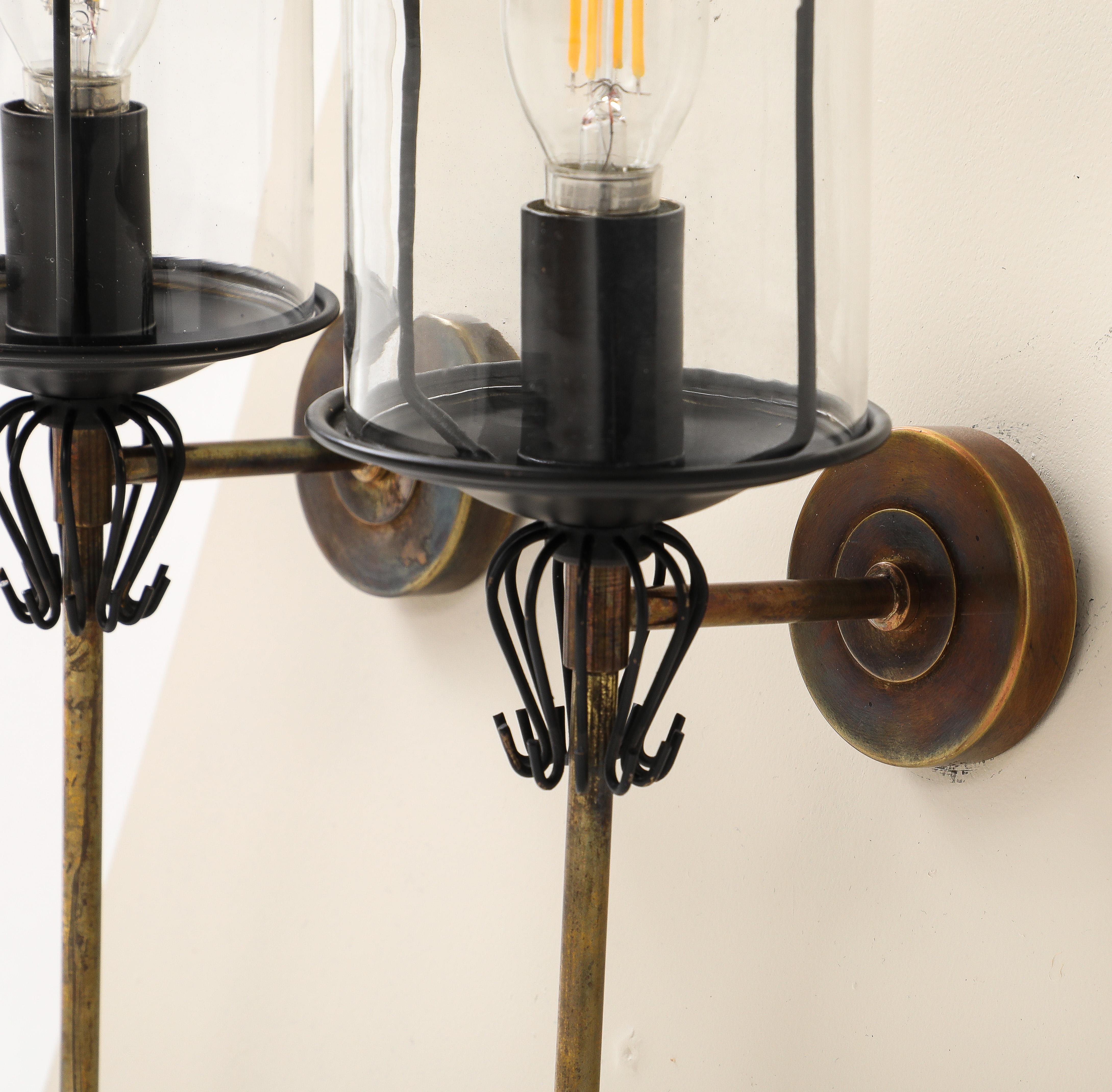 Black Enameled Steel, Tole, Brass and Glass Sconces by Lunel - France 1960's For Sale 8