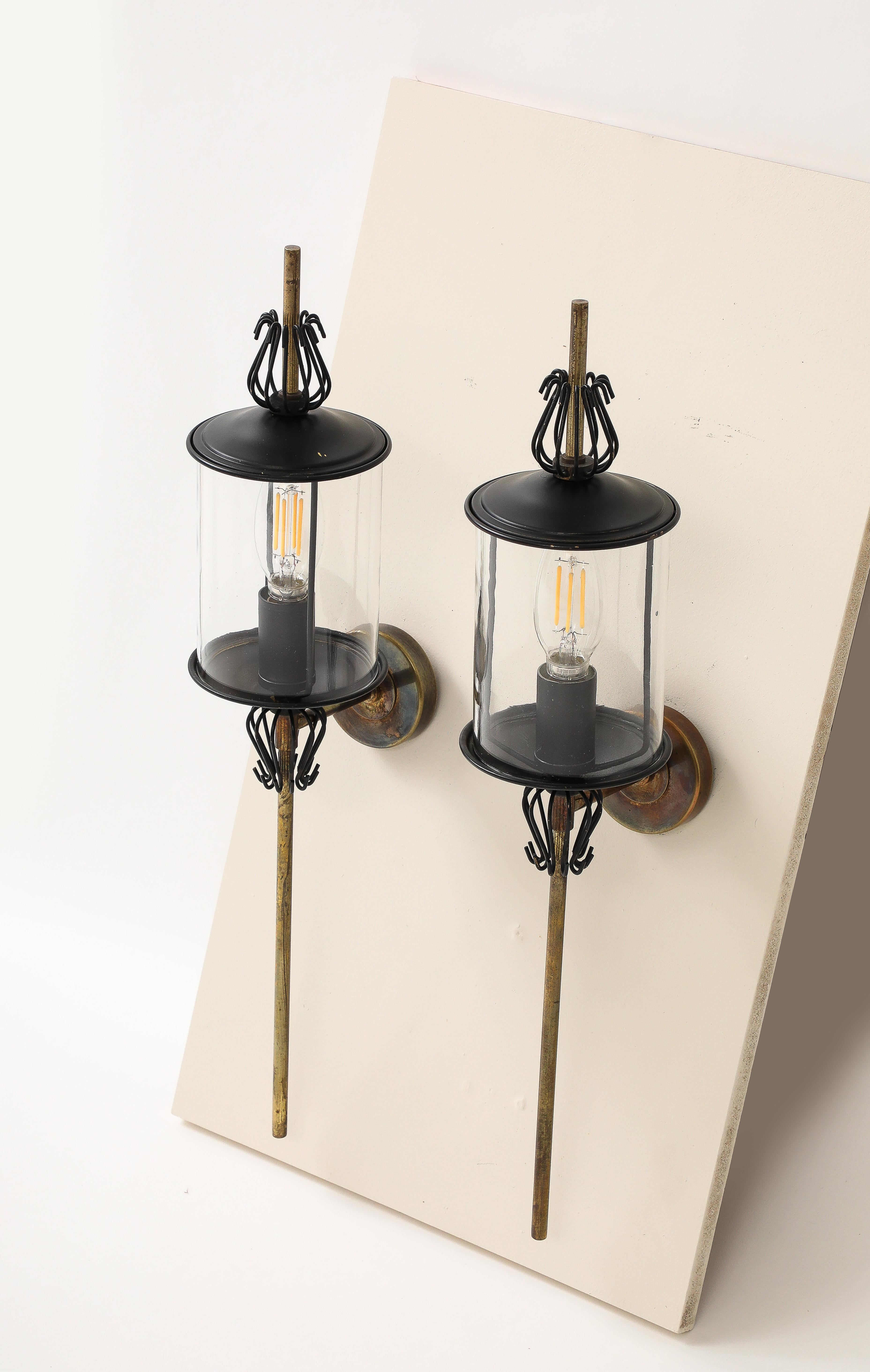 Black Enameled Steel, Tole, Brass and Glass Sconces by Lunel - France 1960's.
Rewired for use in the US.