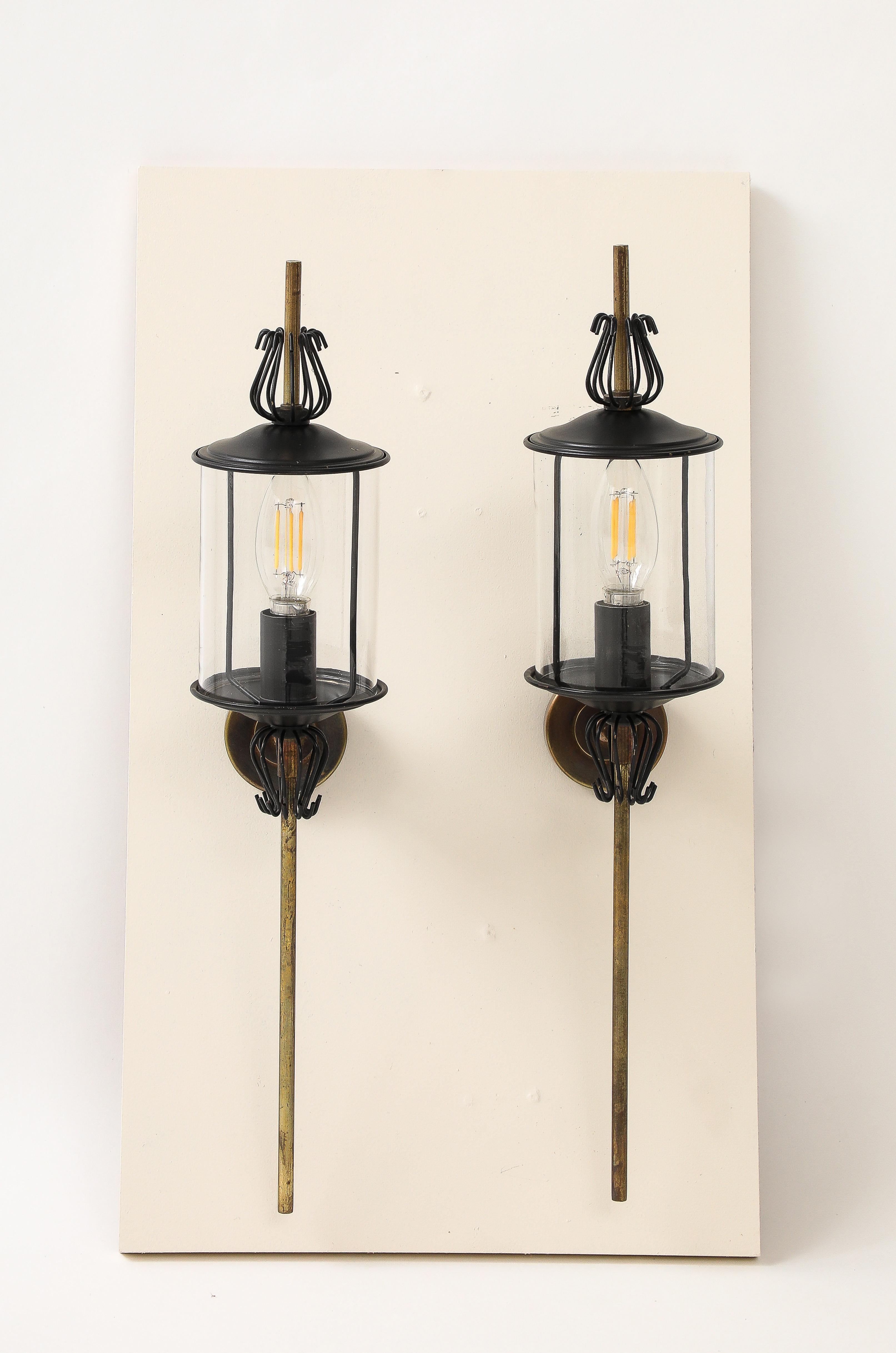 French Black Enameled Steel, Tole, Brass and Glass Sconces by Lunel - France 1960's For Sale