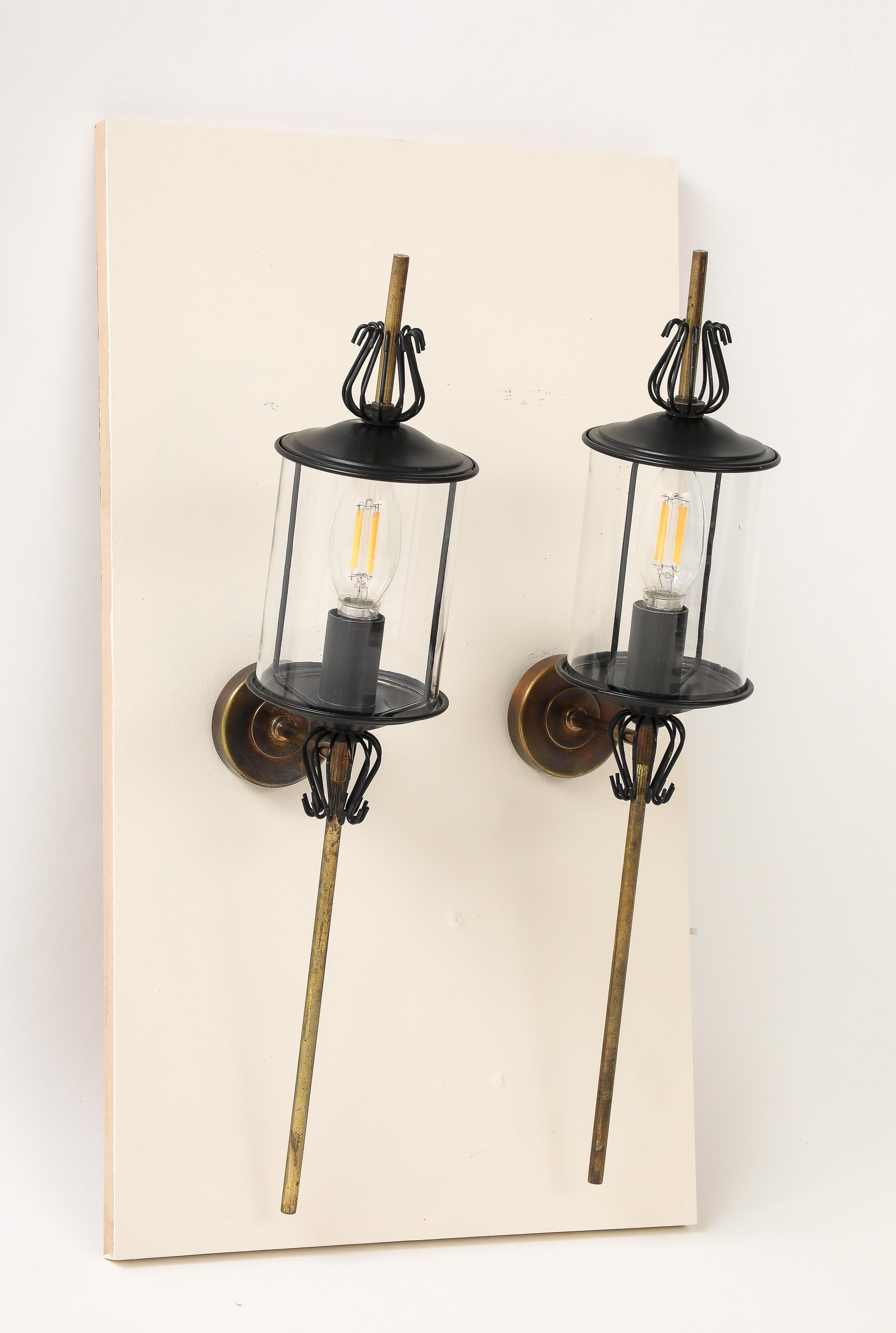 Black Enameled Steel, Tole, Brass and Glass Sconces by Lunel - France 1960's In Good Condition For Sale In New York, NY