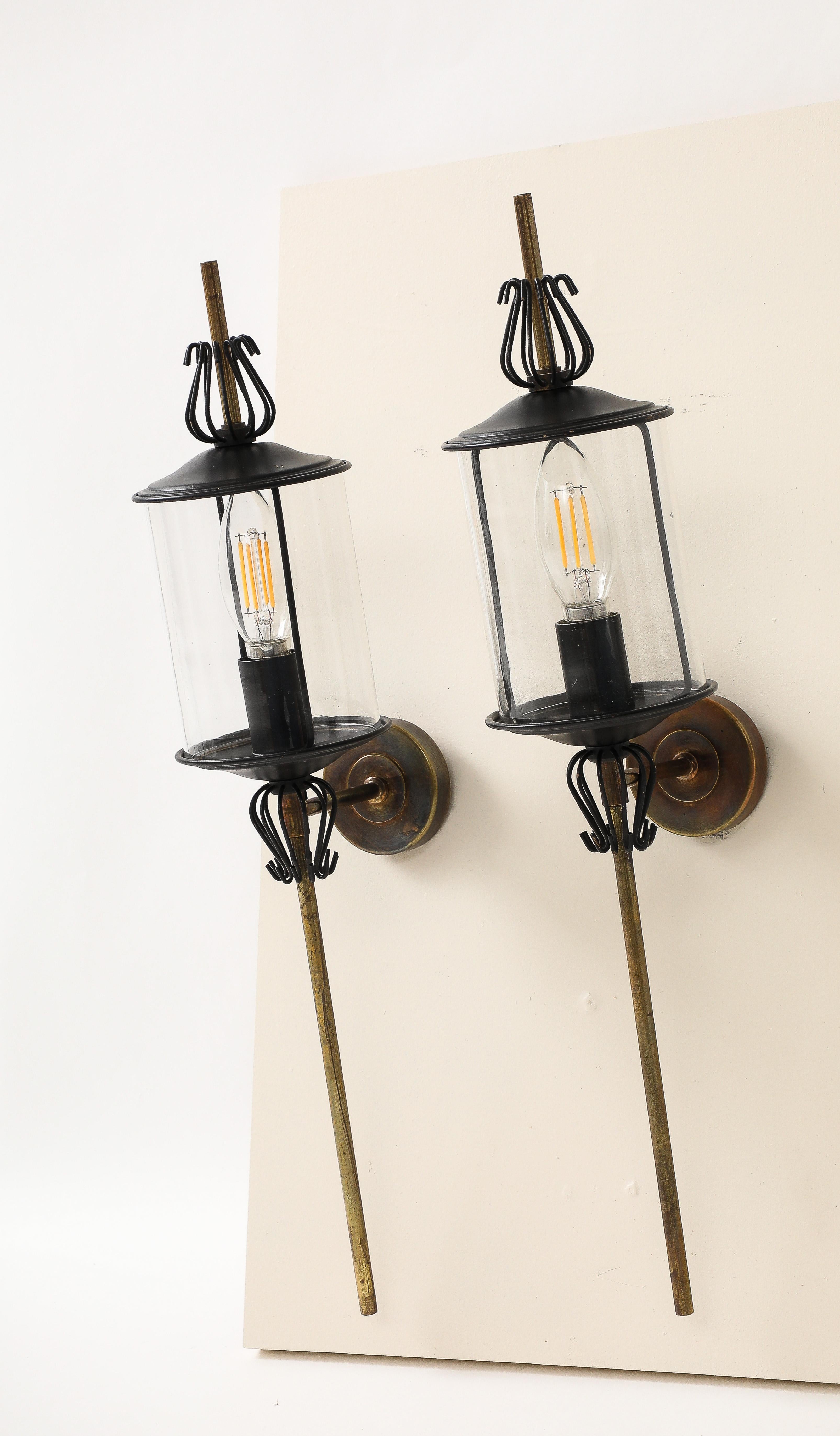 Mid-20th Century Black Enameled Steel, Tole, Brass and Glass Sconces by Lunel - France 1960's For Sale