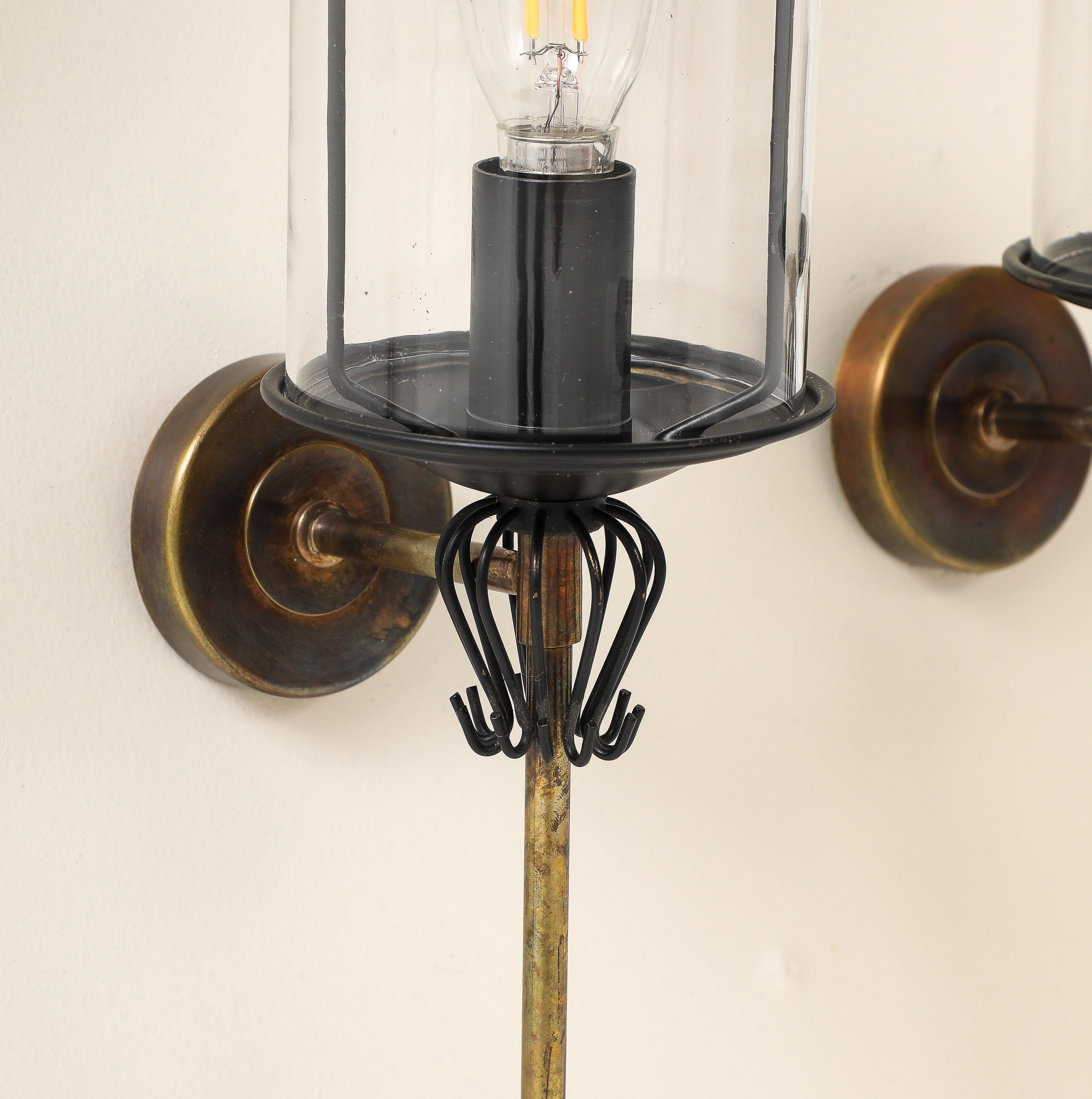 Black Enameled Steel, Tole, Brass and Glass Sconces by Lunel - France 1960's For Sale 2
