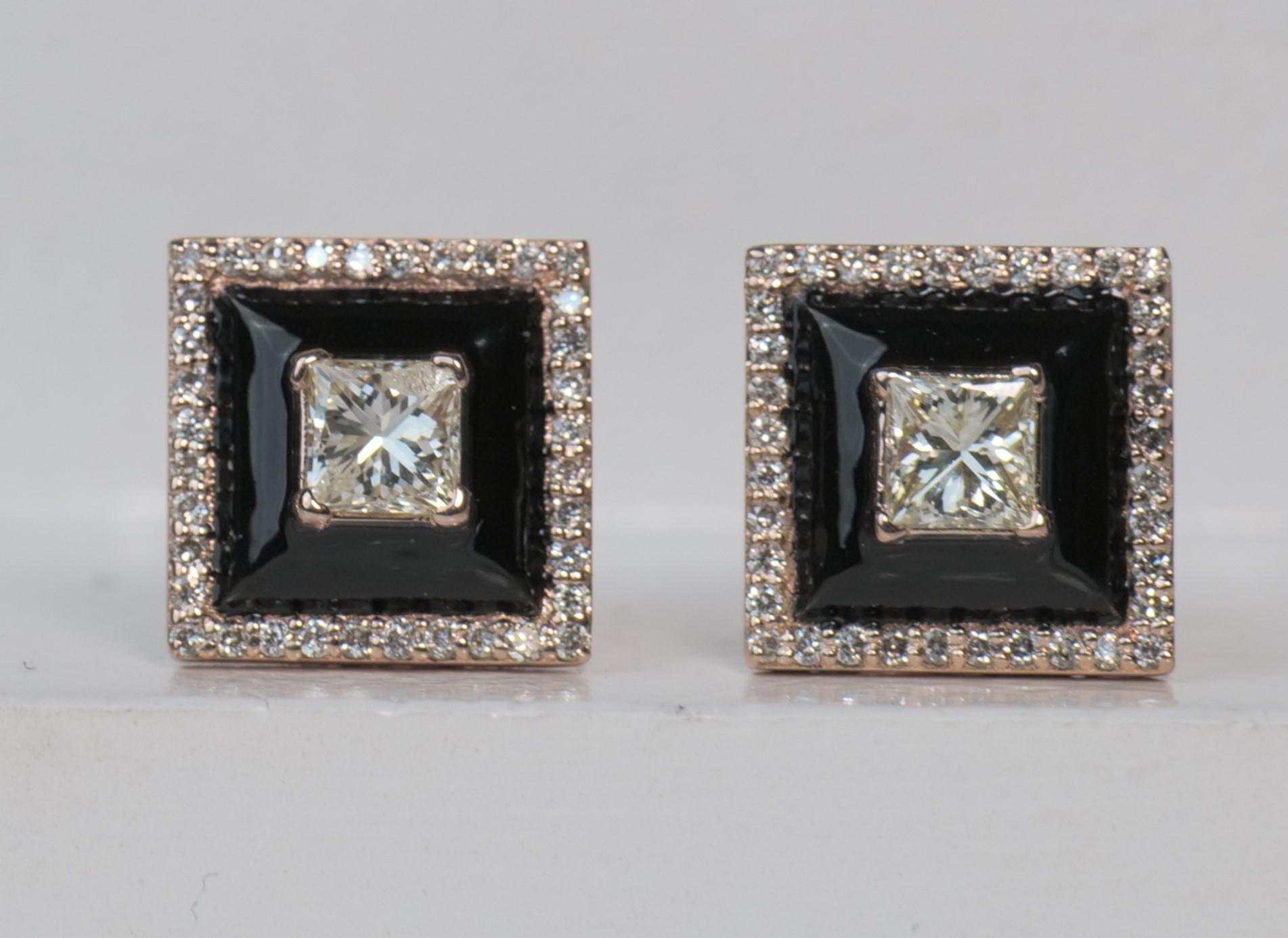 Elegant black enameled stud earrings adorned with a stunning princess-cut diamond at the center. Surrounding the princess-cut diamond, there is exquisite enameling that adds a touch of sophistication. The border of the earrings showcases round
