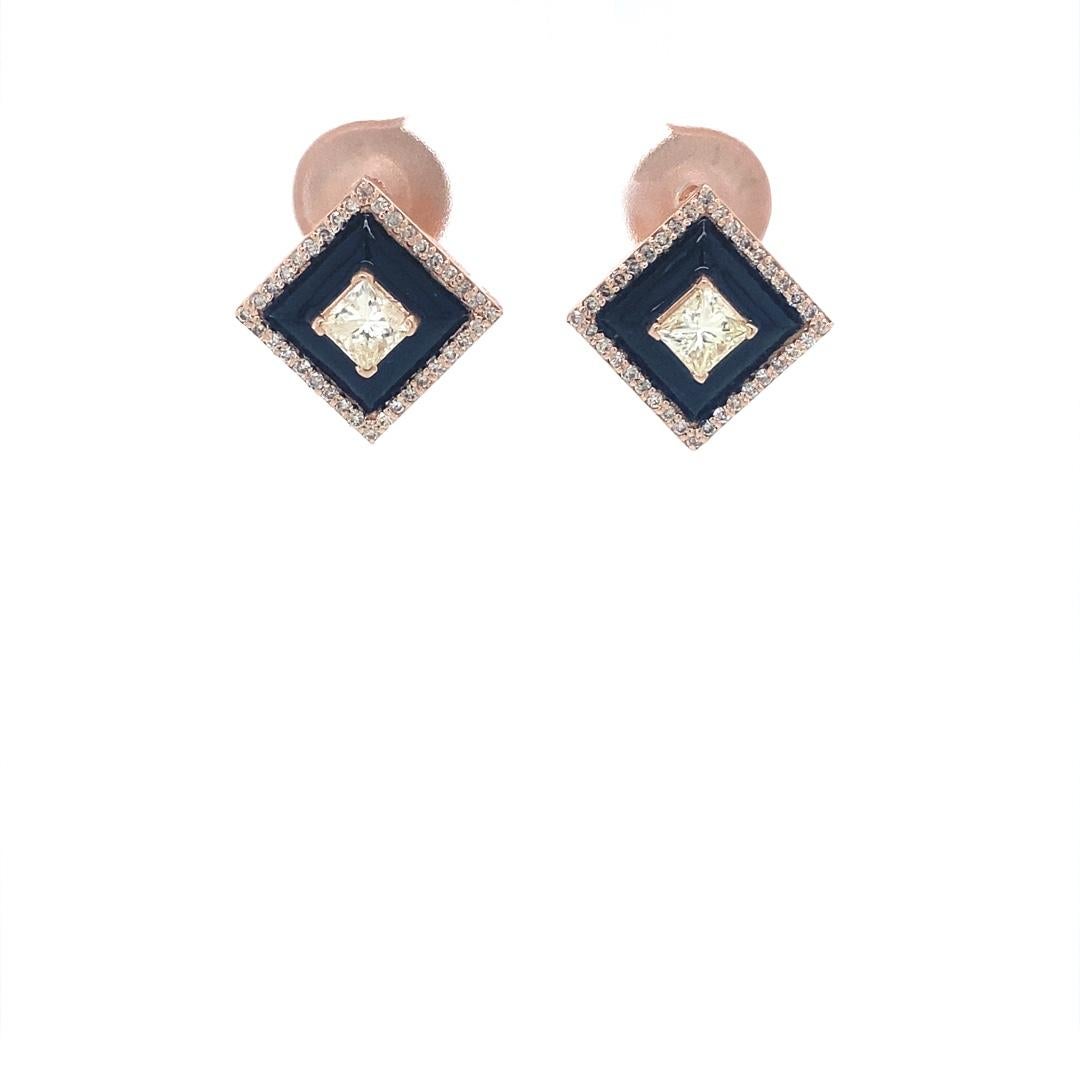 Black Enameled Stud Earrings with Princess Diamonds in 18k Solid Gold For Sale 2