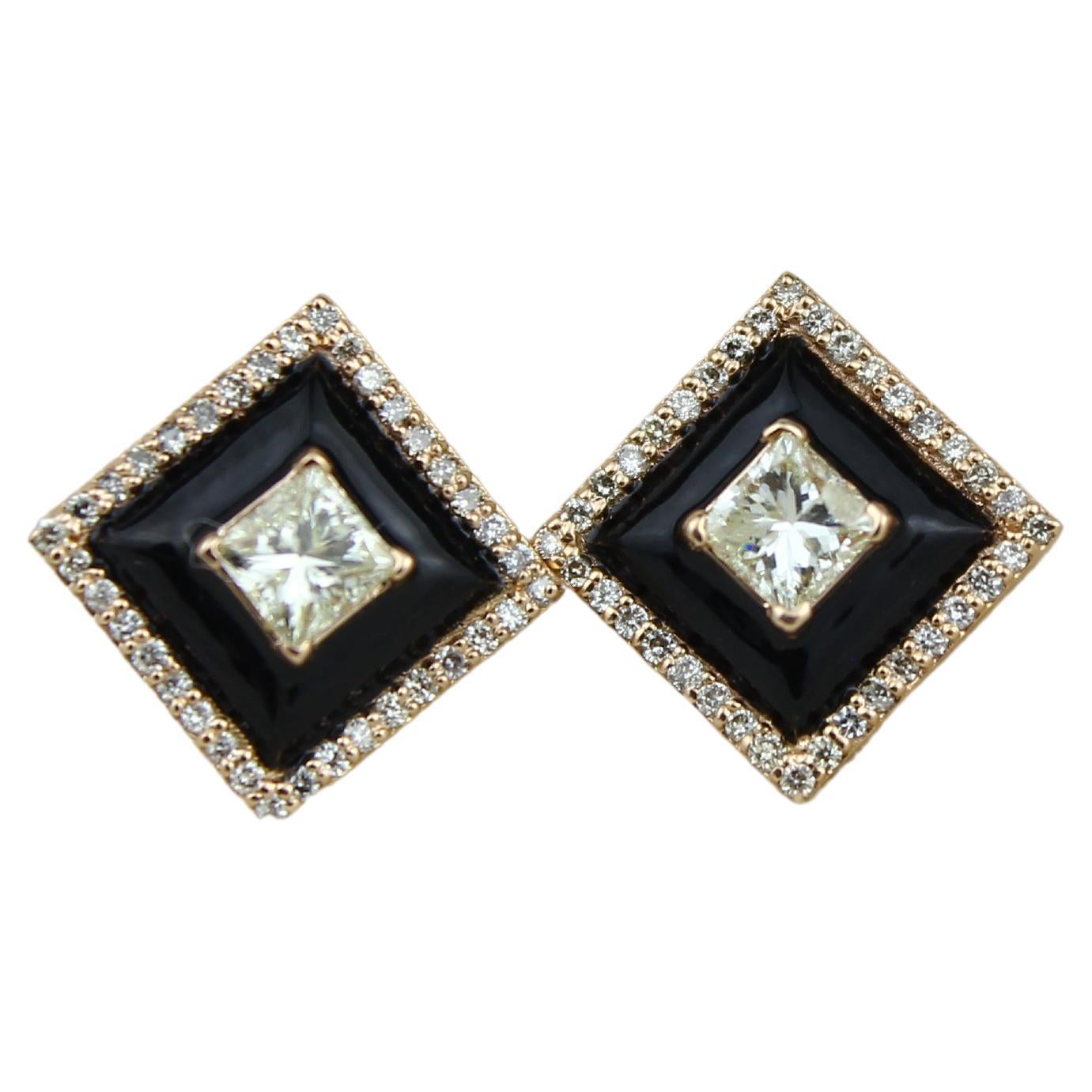 Black Enameled Stud Earrings with Princess Diamonds in 18k Solid Gold