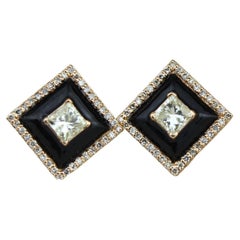 Black Enameled Stud Earrings with Princess Diamonds in 18k Solid Gold