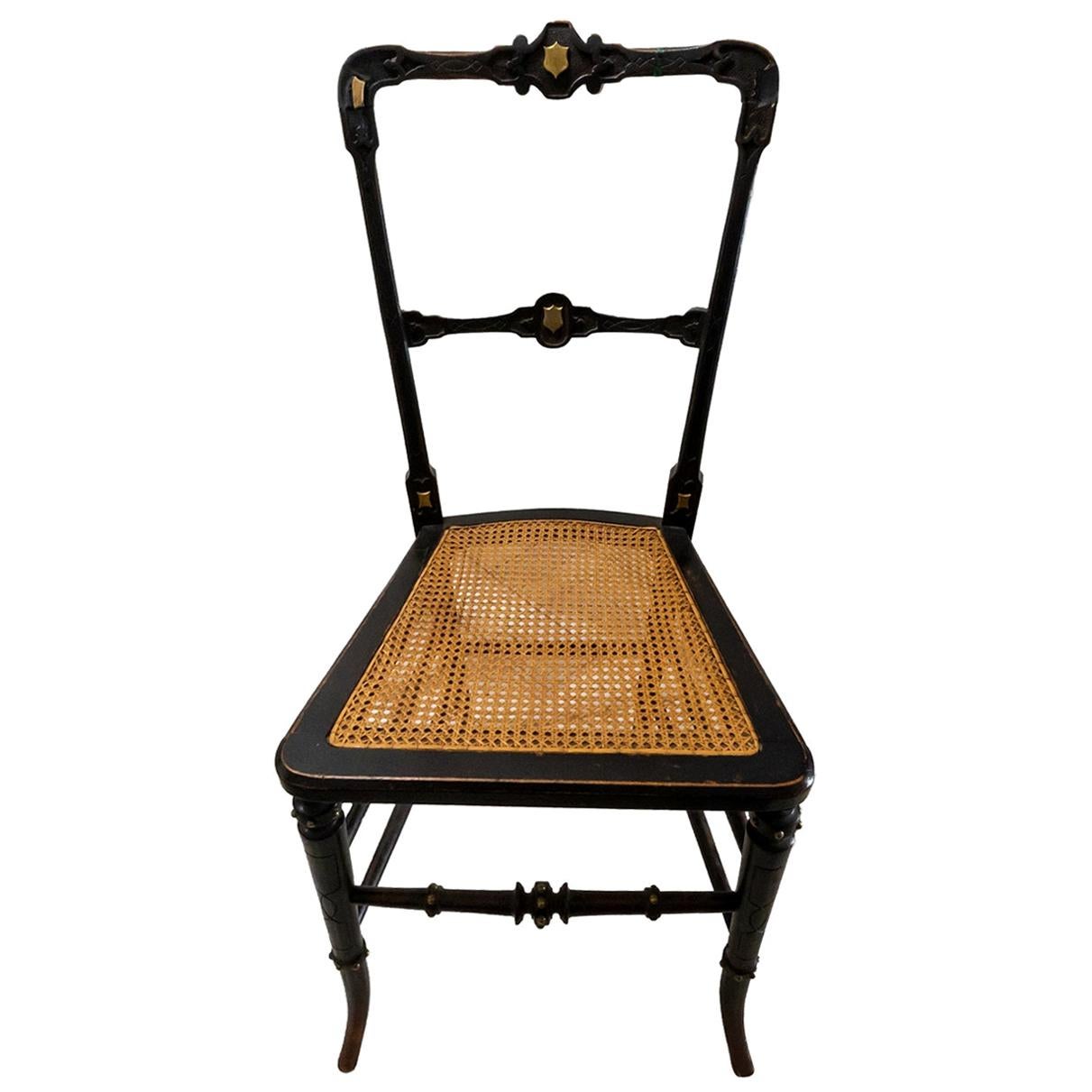 Black English Bedside Chair with Cane Seat and Gold Gilt Detail For Sale