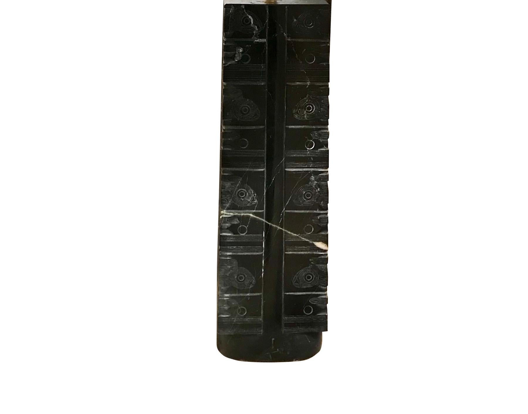 Pair of Chinese black polished stone with engraved symbols of the earth and the universe.
Multi-tiered design.
Newly rewired.
New black Belgian linen shades
Overall height 24