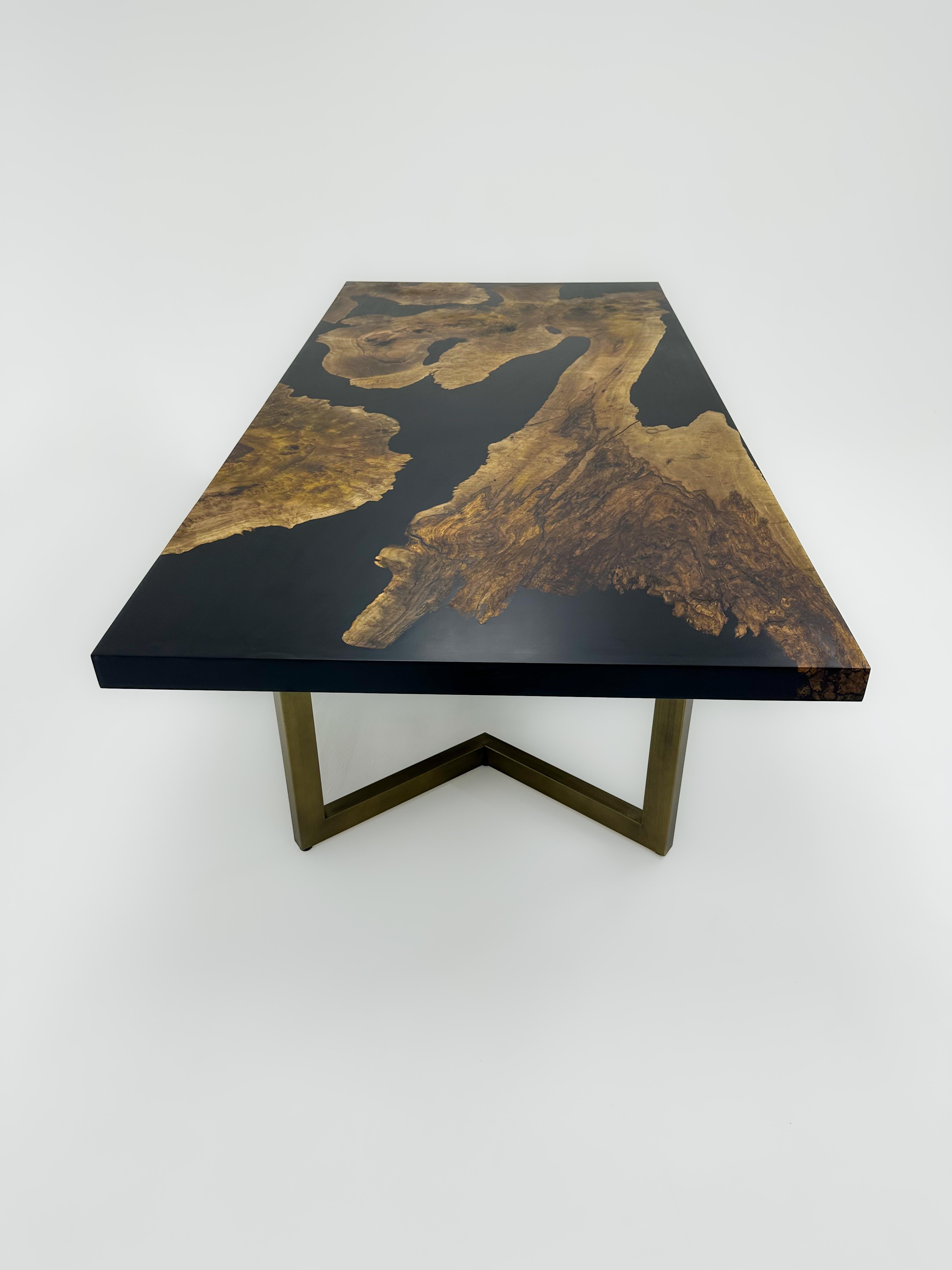 Arts and Crafts Black Epoxy Natural Walnut Modern Dining Table  For Sale