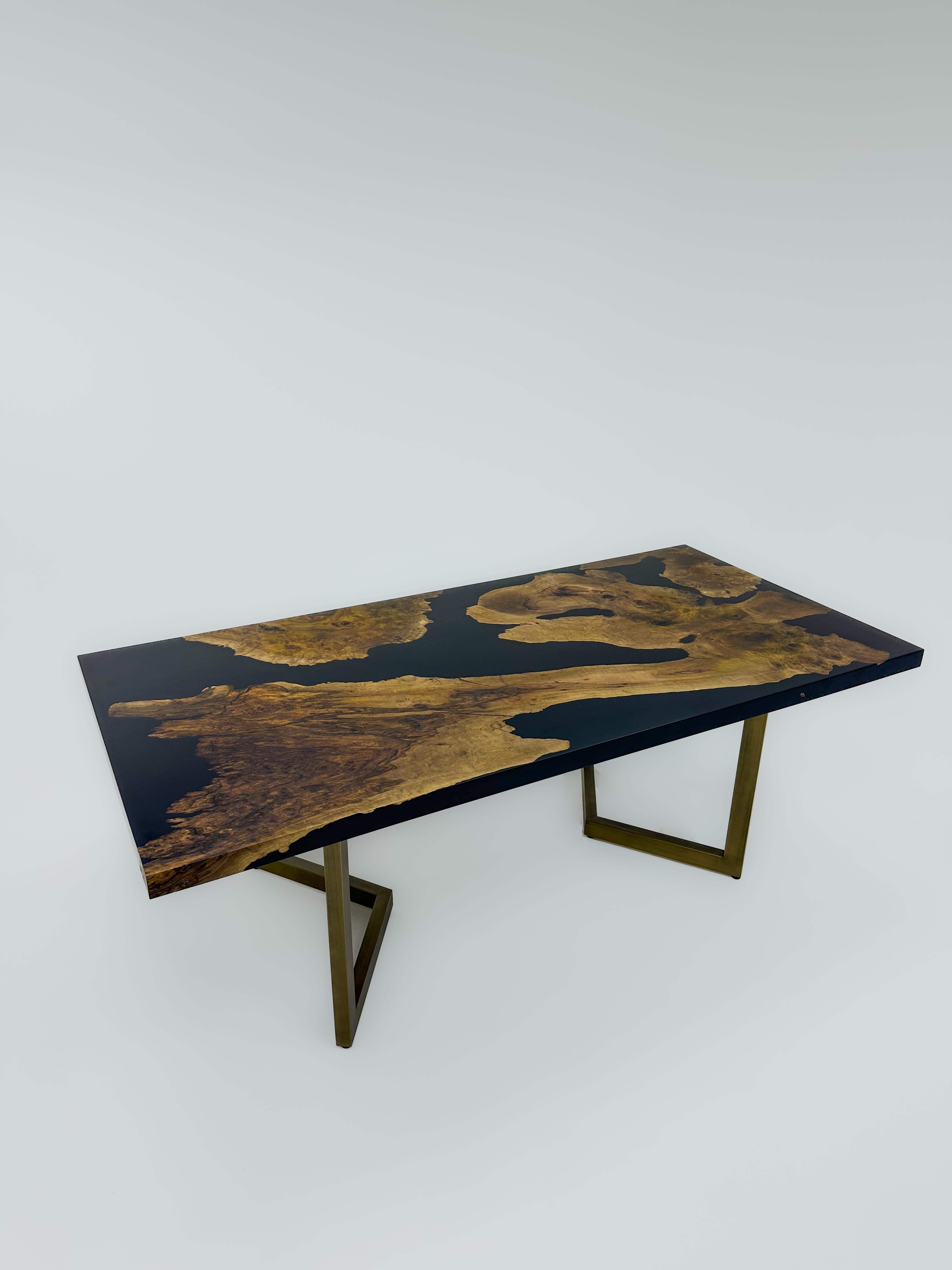 Epoxy Resin Black Epoxy Natural Walnut Modern Dining Table  For Sale