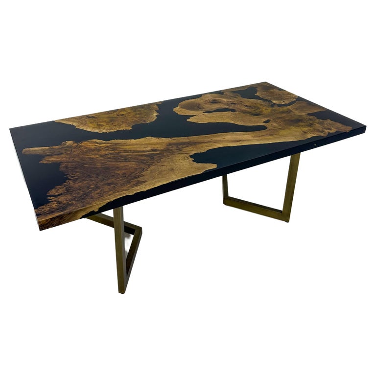 Waterfall Black Epoxy Resin Coffee Table and Walnut Wood Center Table For  Sale at 1stDibs