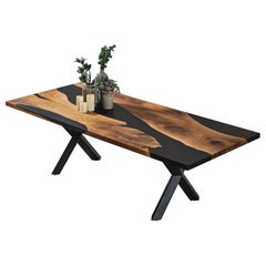 Black Epoxy Resin Walnut Table - Matte Black Dining Table - Resin Table