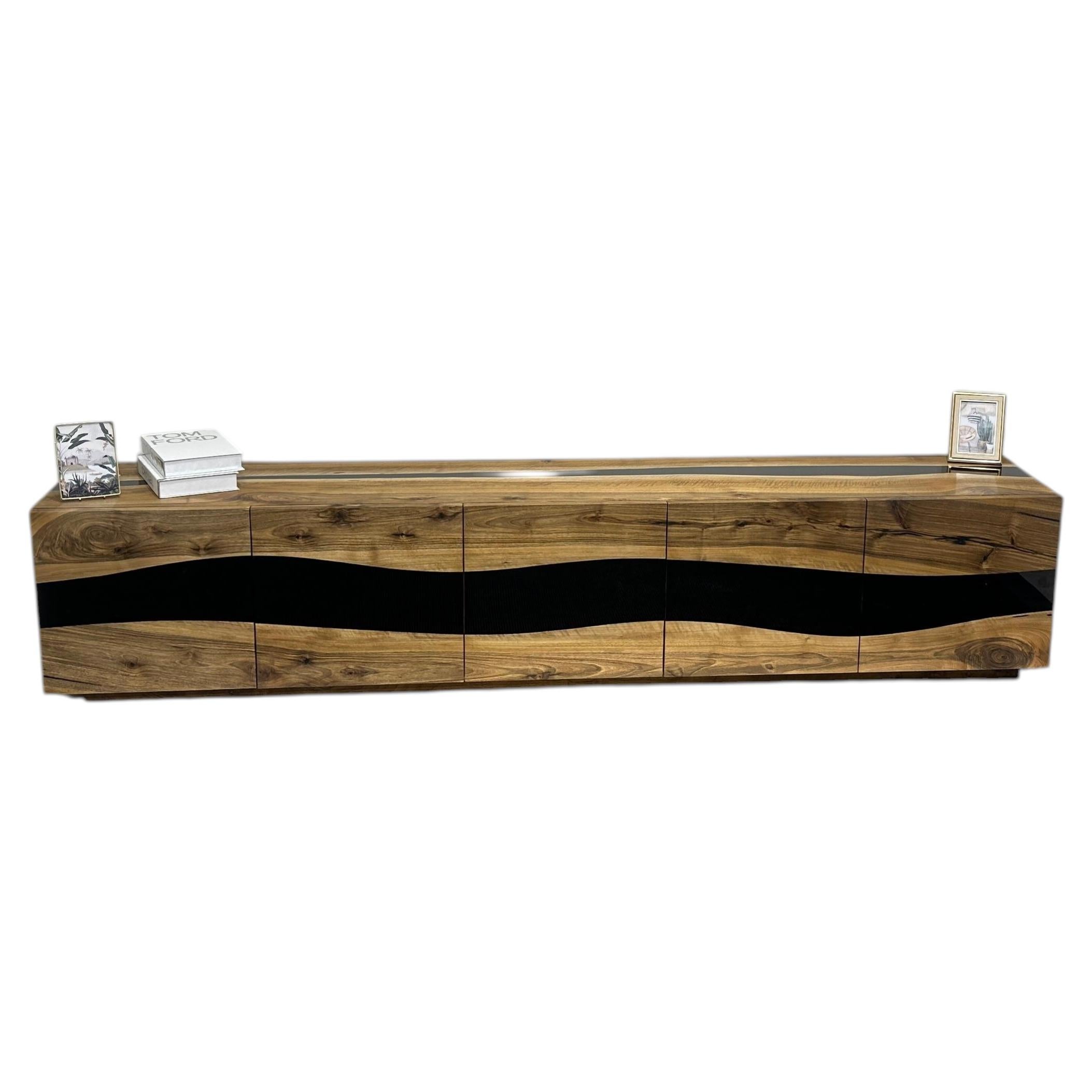 Black Epoxy Resin Wood Sideboard - Modern Tv Unit - Luxury Handmade Furniture For Sale