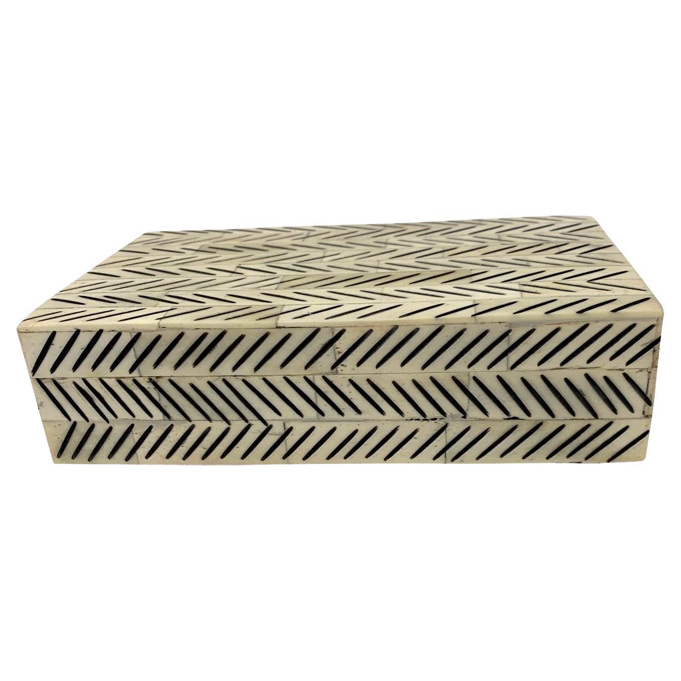 Black Etched Chevron Pattern Bone Lidded Box, India, Contemporary