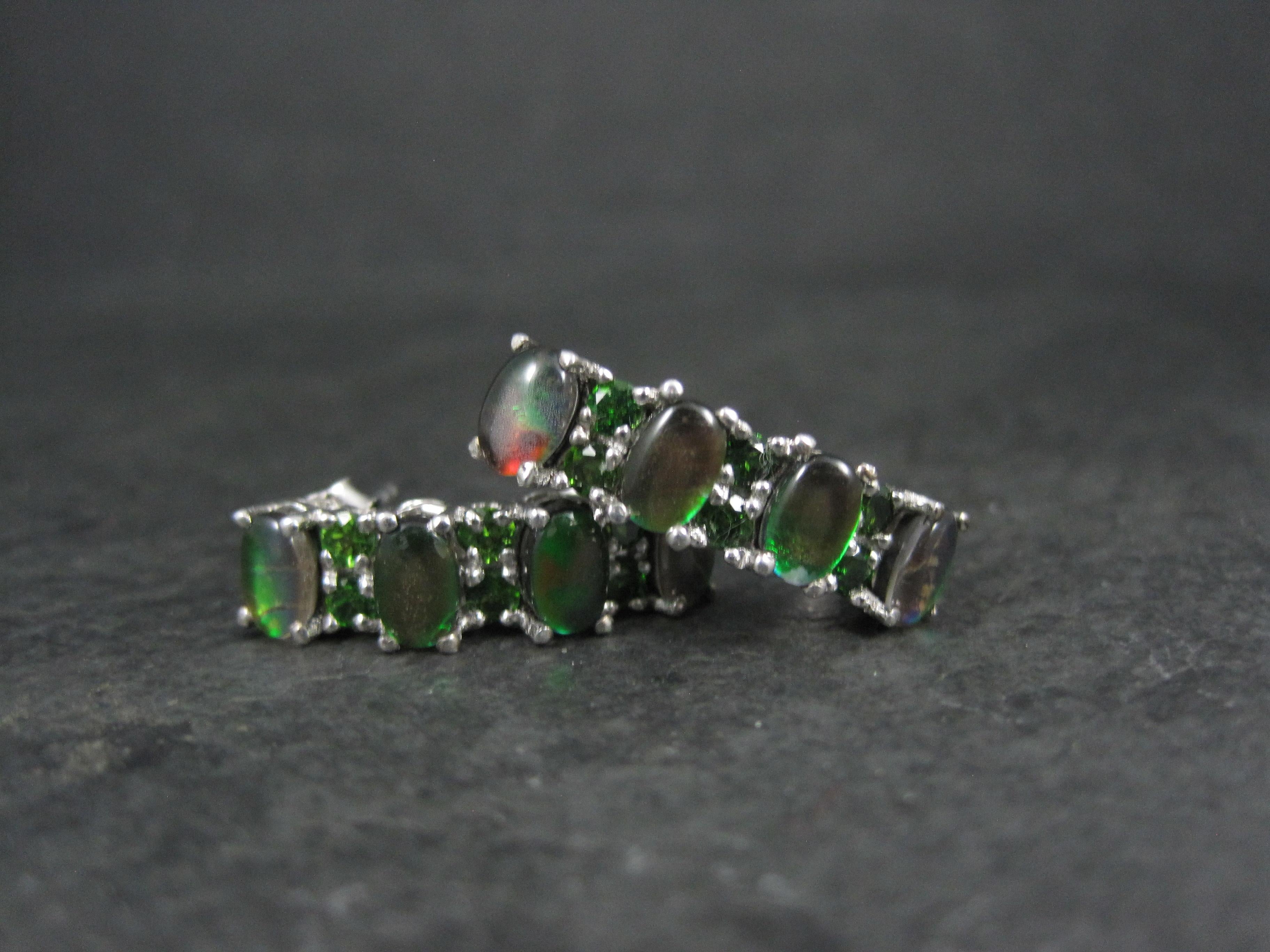 Cabochon Black Ethiopian Opal and Chrome Diopside Earrings Sterling Silver For Sale