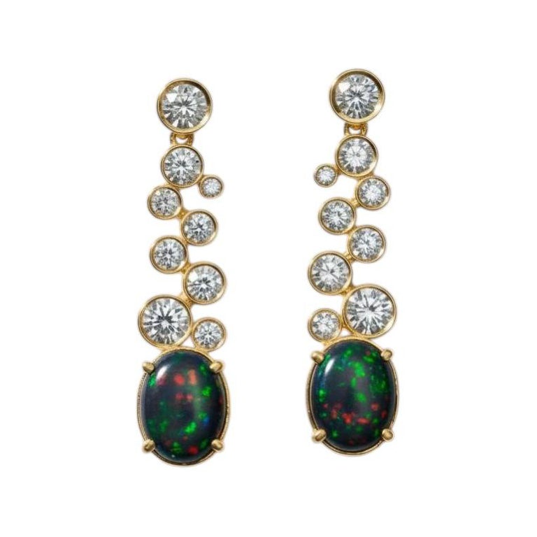 Black Ethiopian Opal and Colorless Topaz Drop Earrings studs, 14k gold For Sale