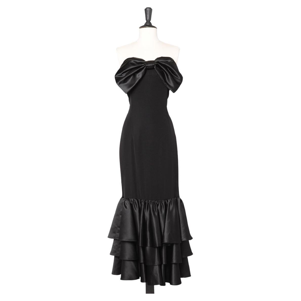 Black evening bustier dress with black satin bow on the bust Louis Féraud 