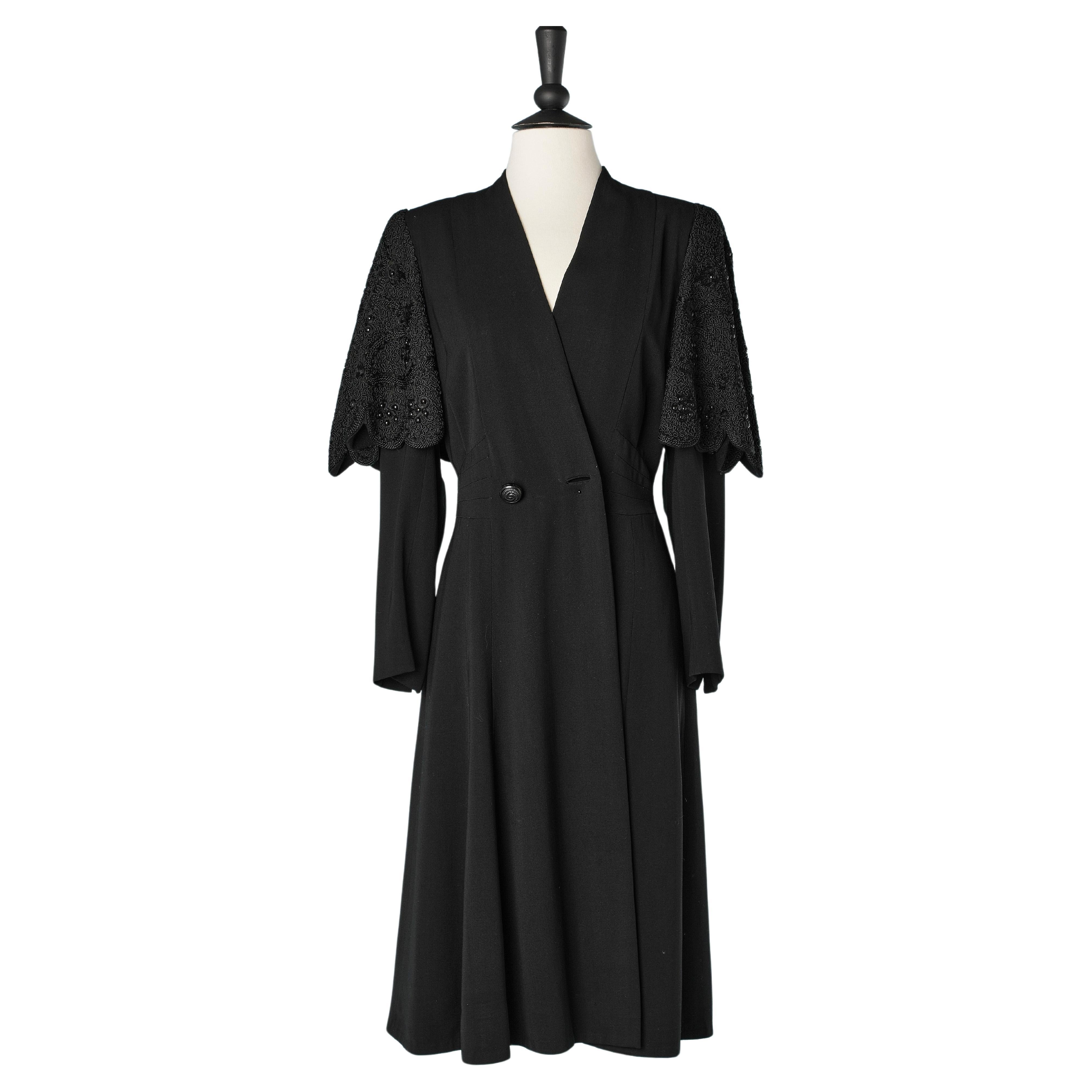 Black evening coat with over-sleeves in passementerie The Novelty Circa 1930's 