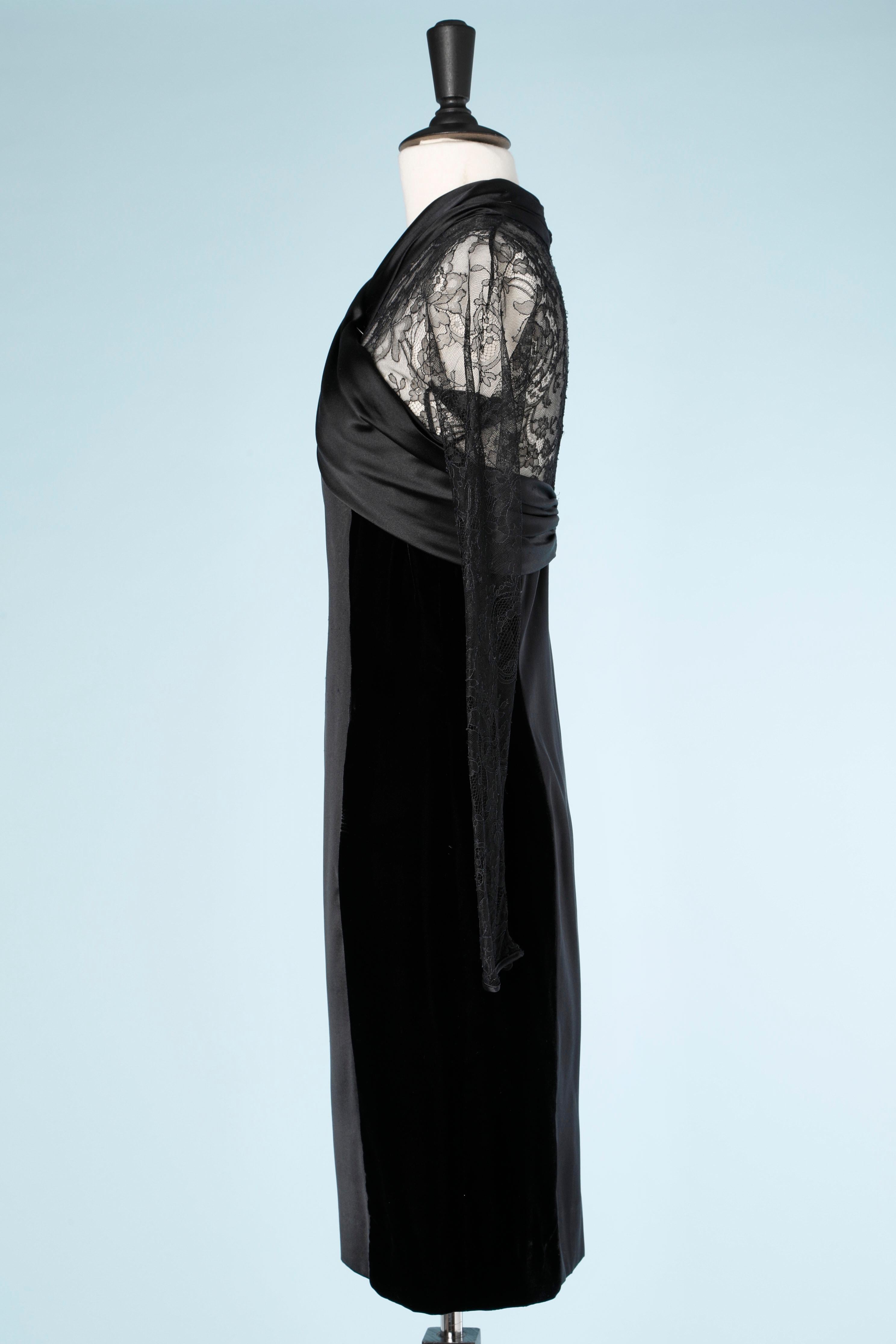 Black evening dress in silk velvet, lace and satin Fontana Couture  For Sale 2