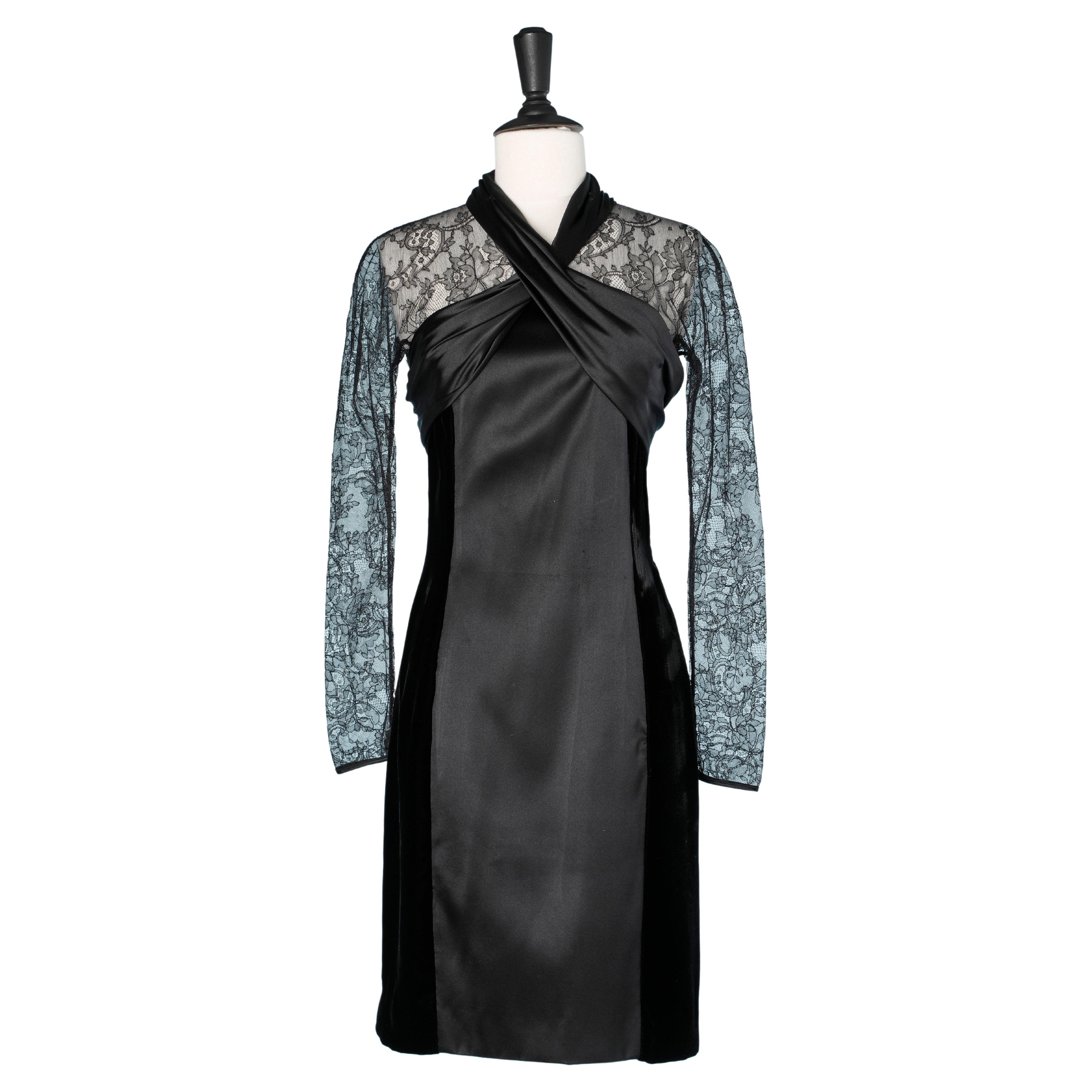 Schwarzes Abendkleid aus Seidensamt, Spitze und Satin von schwarzer Couture  im Angebot