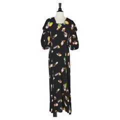 Black evening dress with multicolor flower print and balloon sleeves Circa 1930