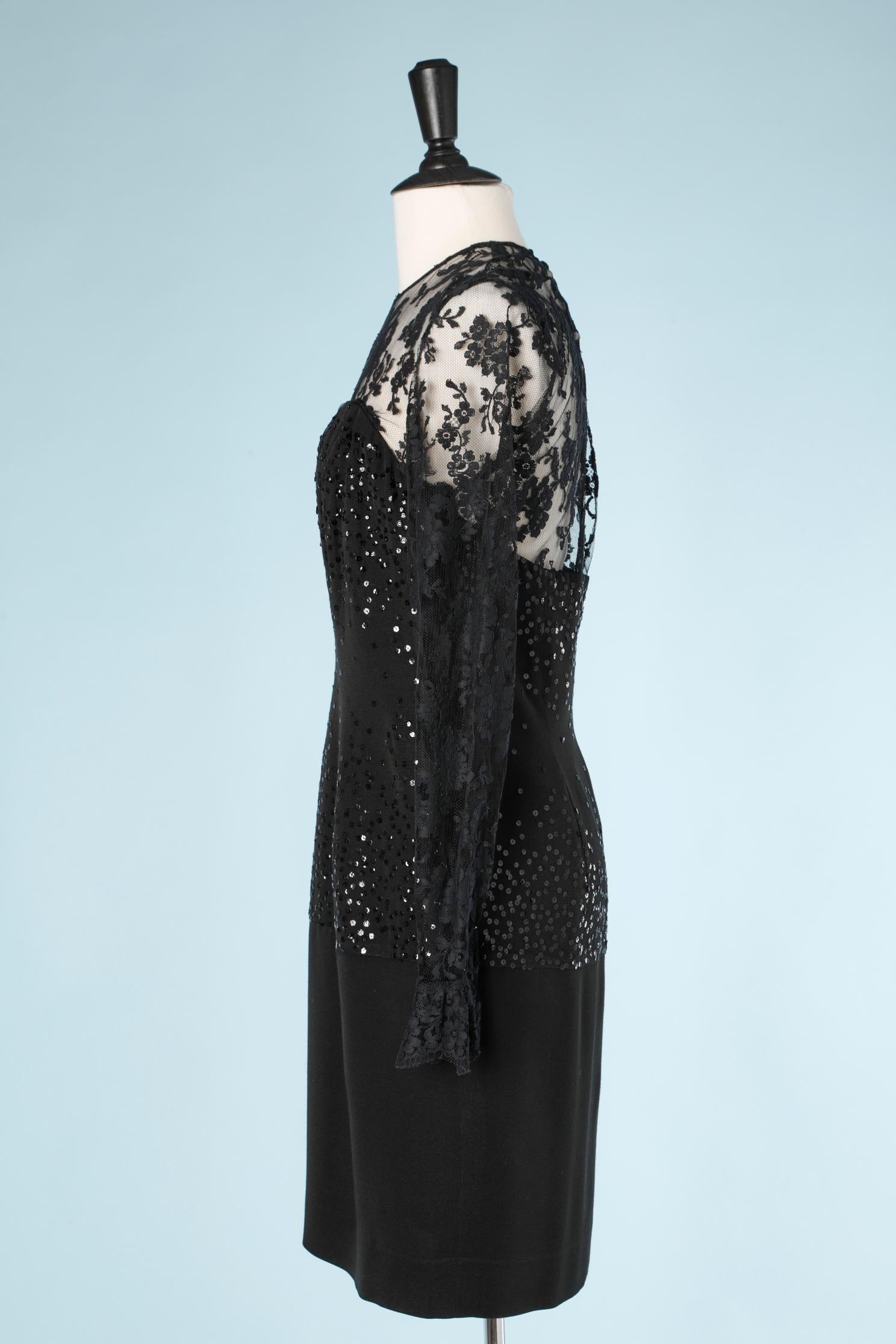 Black evening dress with sequins and lace Hanae Mori  In Excellent Condition For Sale In Saint-Ouen-Sur-Seine, FR