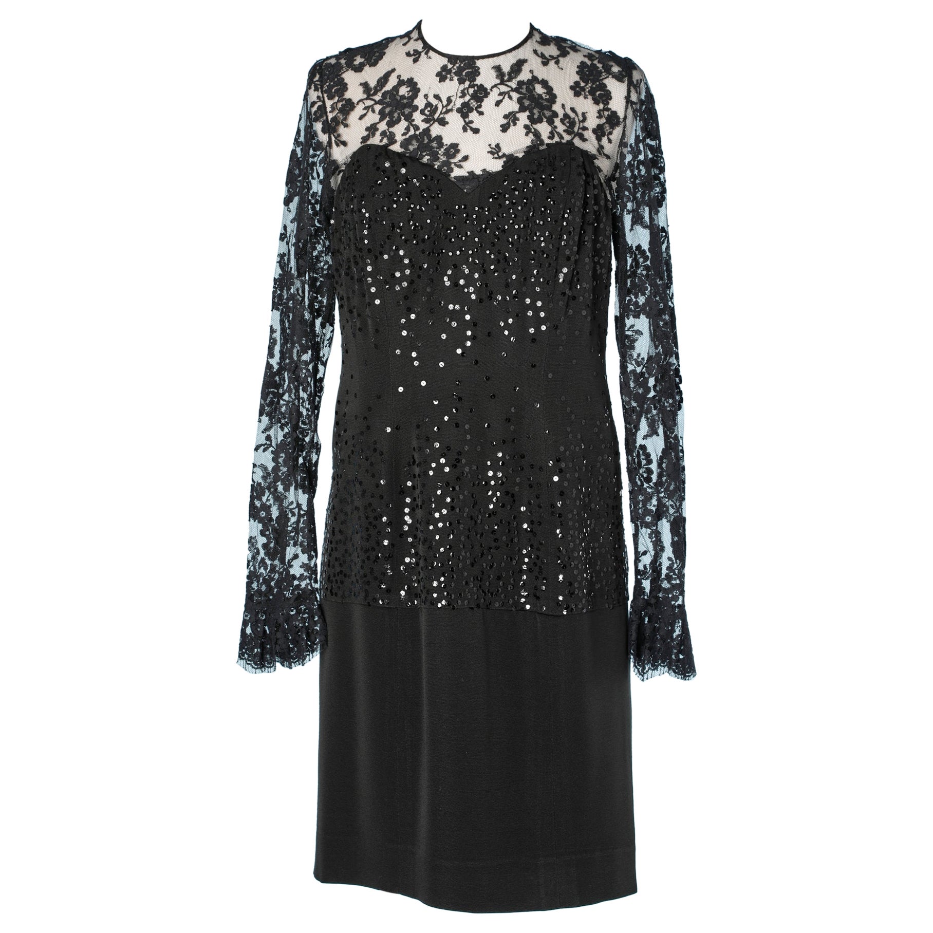 Abito da sera nero con paillettes e pizzo Hanae Mori in vendita