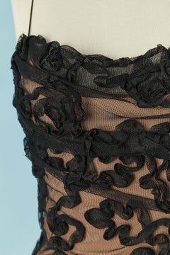 Robe de soirée noire avec application de tulle et doublure en soie rose JIKI Monte Carlo