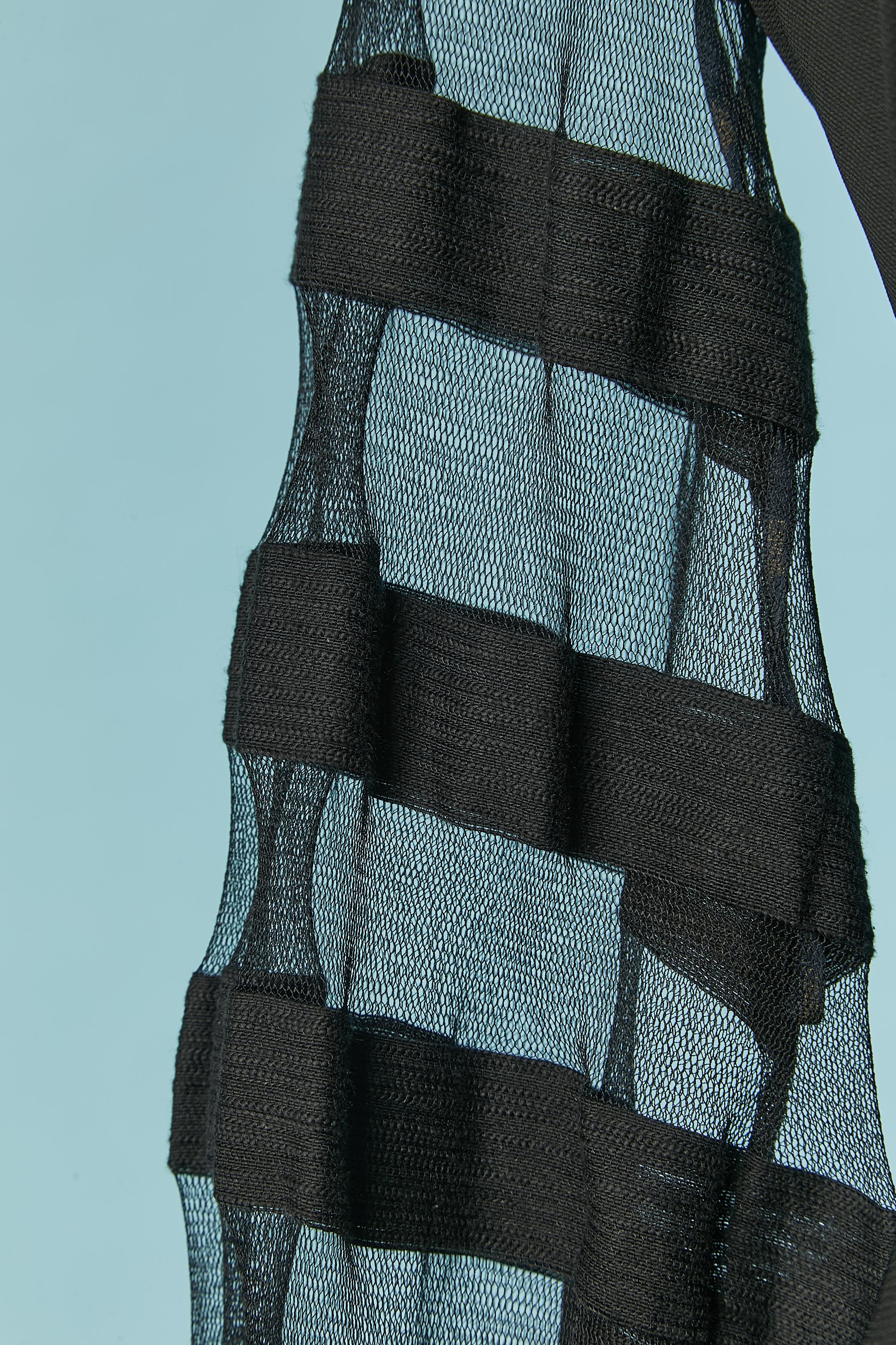 Black evening dress with tulle sleeve and cotton trims appliqué Cavalli Class In Excellent Condition For Sale In Saint-Ouen-Sur-Seine, FR