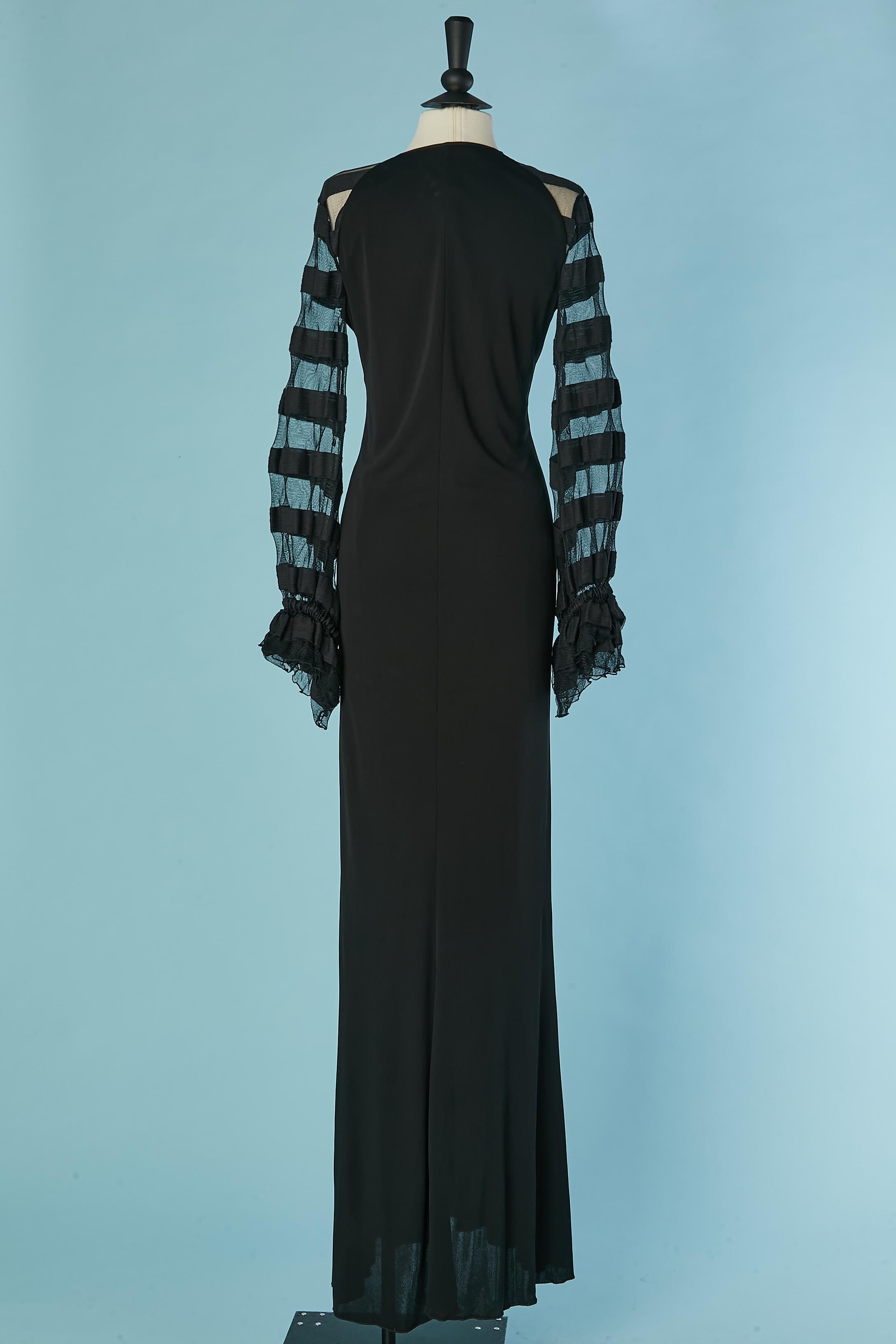 Black evening dress with tulle sleeve and cotton trims appliqué Cavalli Class For Sale 2