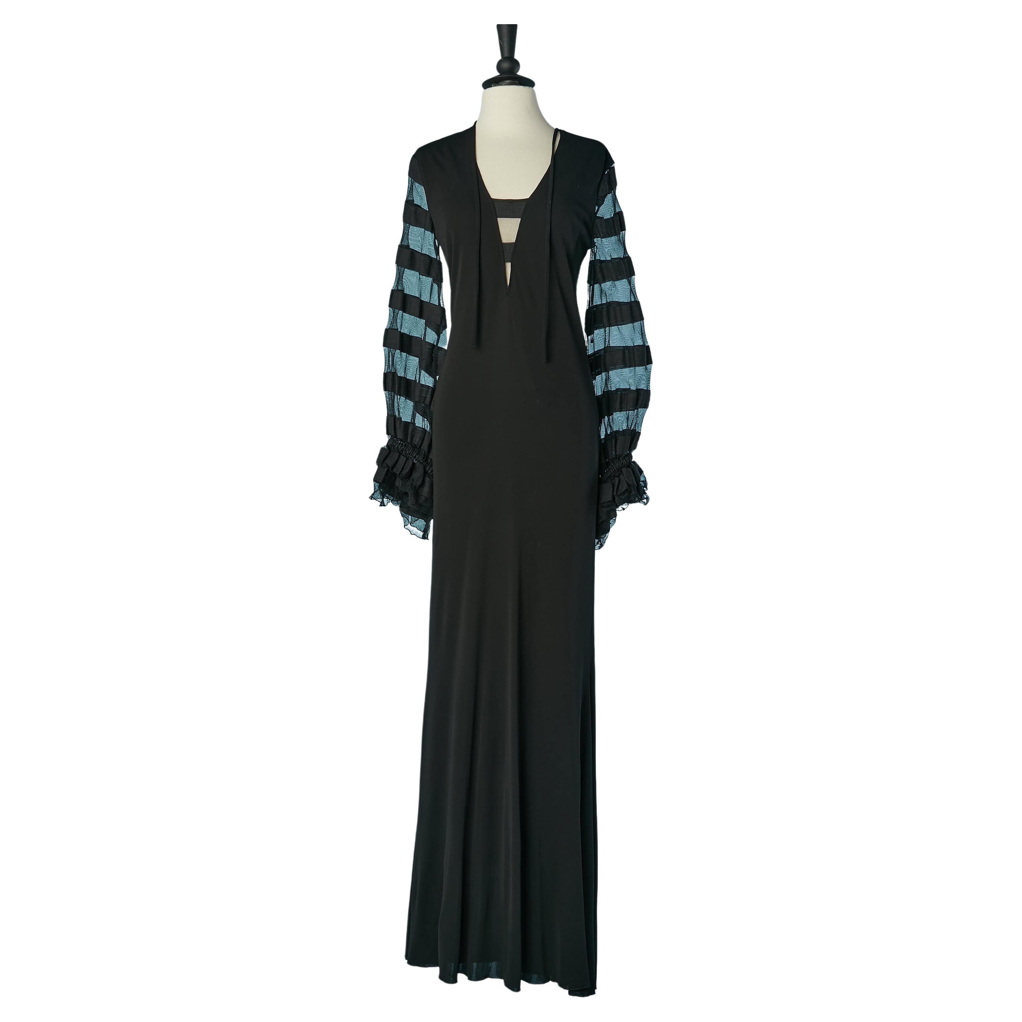 Black evening dress with tulle sleeve and cotton trims appliqué Cavalli Class For Sale