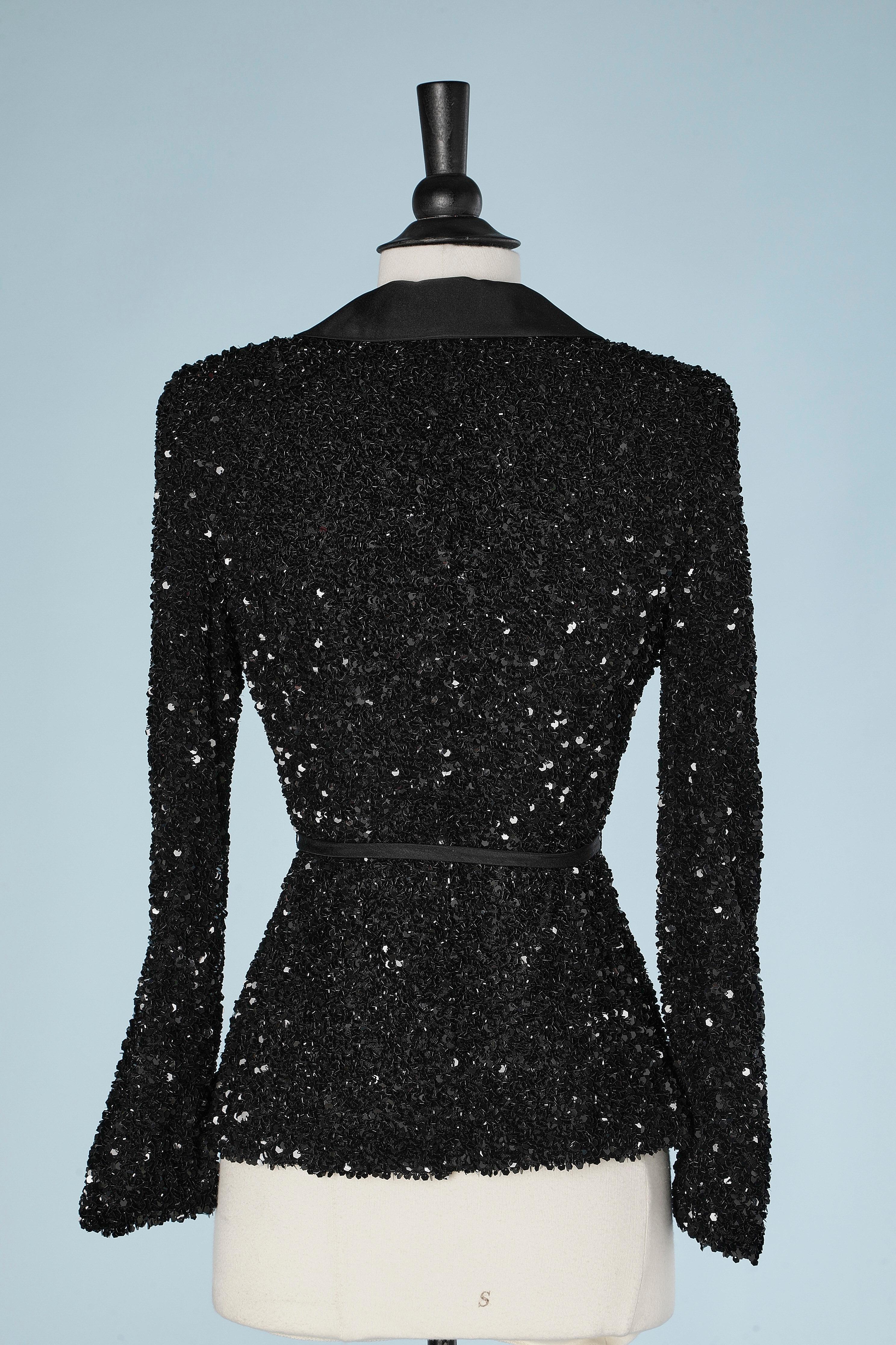 Black evening jacket with sequins on tulle base with belt Badgley Mischka  In Excellent Condition For Sale In Saint-Ouen-Sur-Seine, FR
