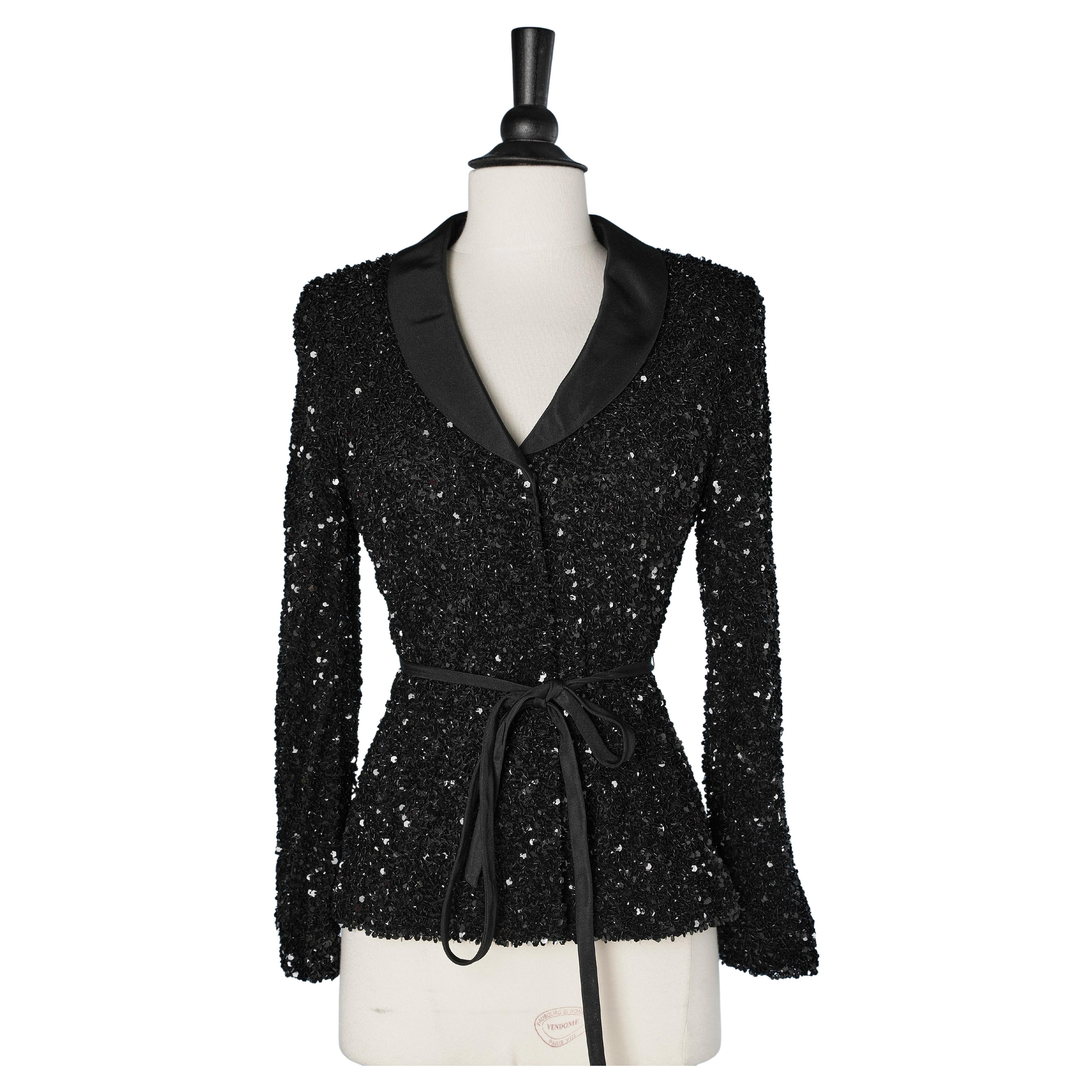 Black evening jacket with sequins on tulle base with belt Badgley Mischka  For Sale