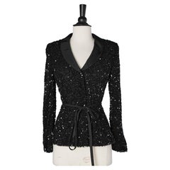 Black evening jacket with sequins on tulle base with belt Badgley Mischka 