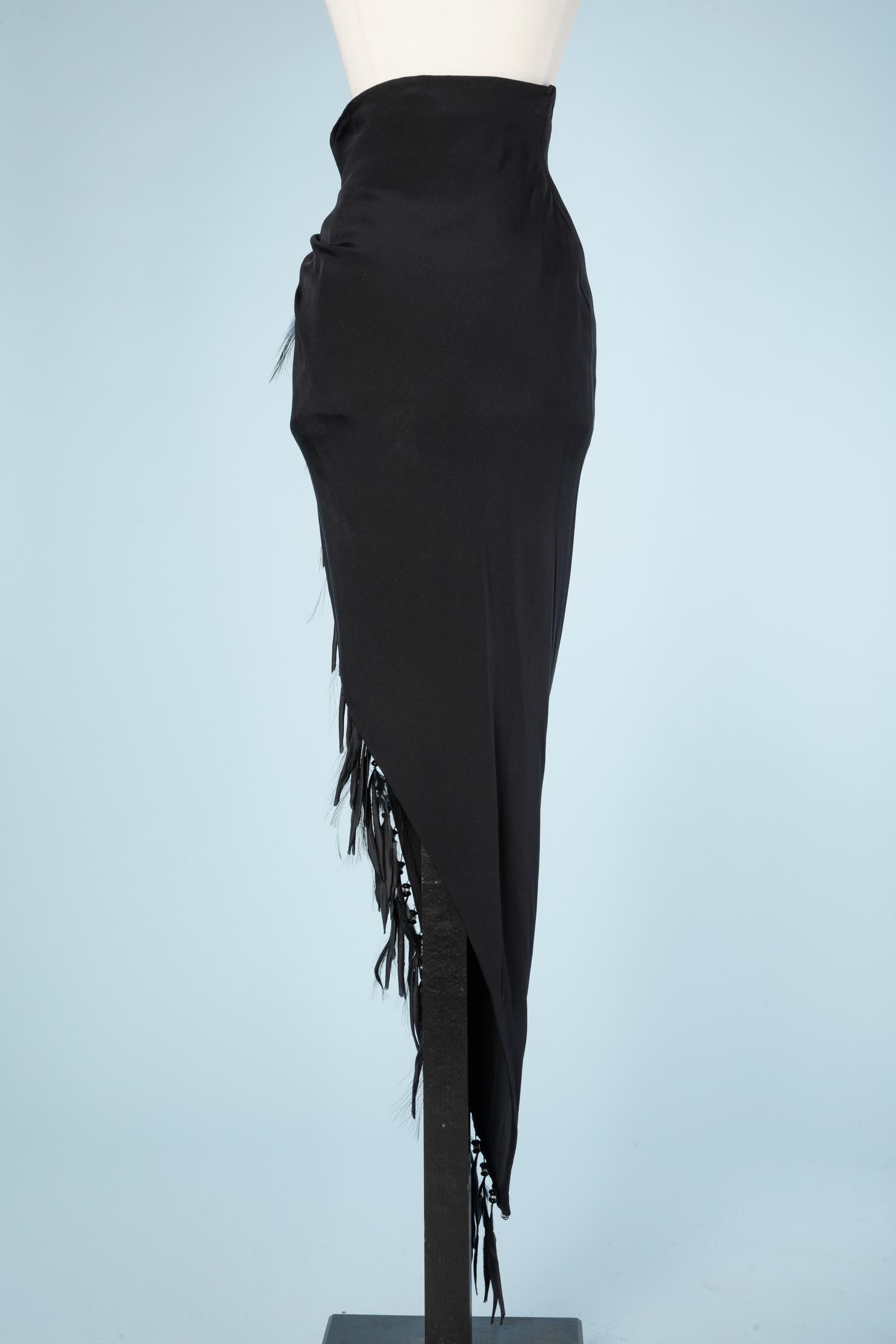 Black evening silk asymmetric skirt with feather and beads Atelier Versace  2