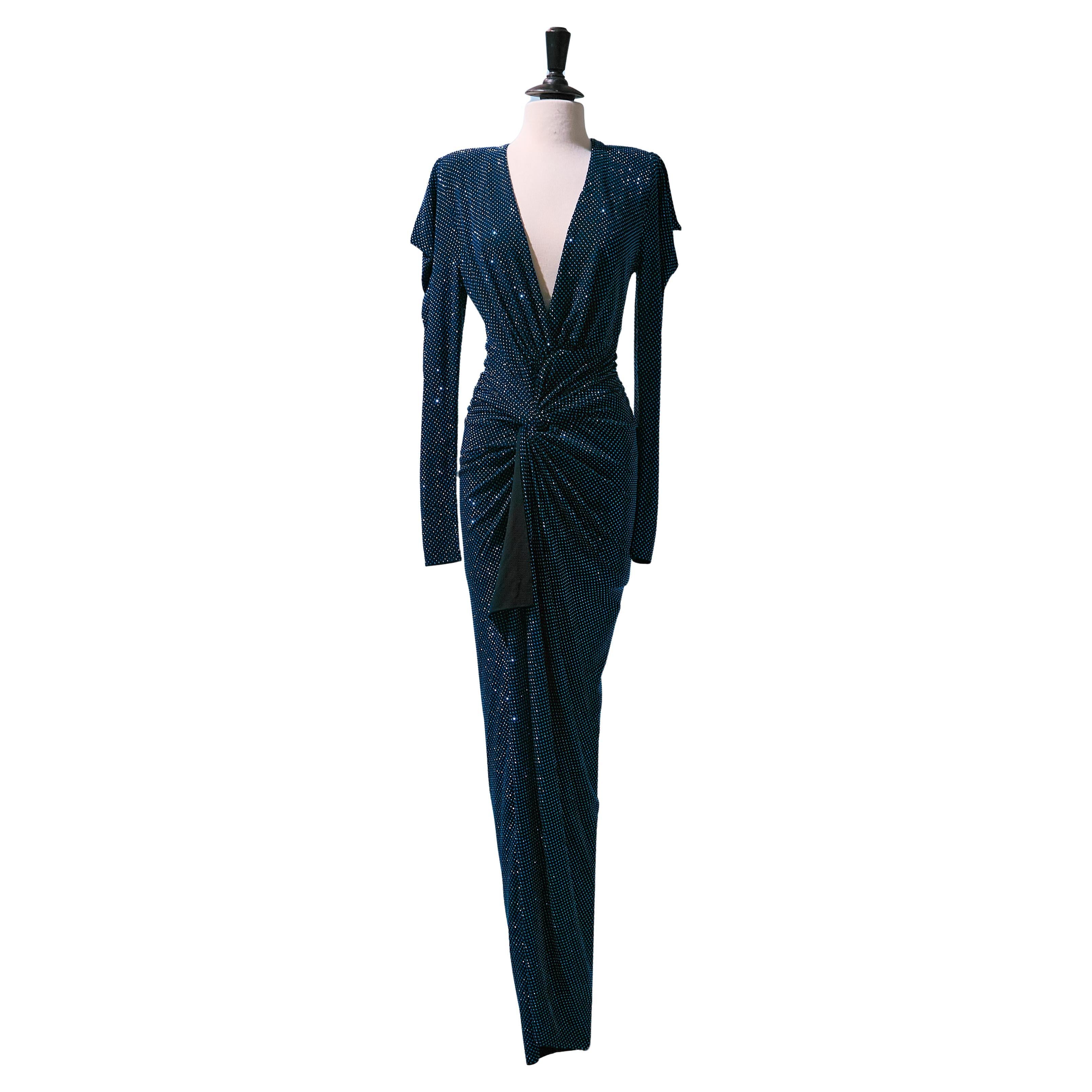 Black evening wrapped and draped dress with mini blue studs ALEXANDRE VAUTHIER