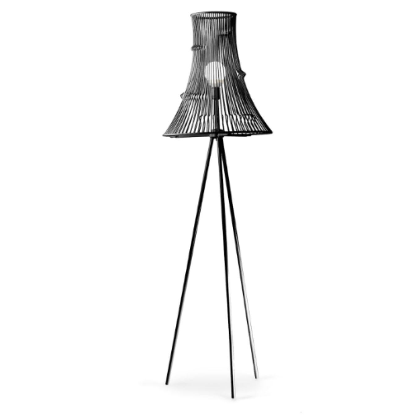 Black extrude floor lamp by Dooq.
Dimensions: W 50 x D 50 x H 175 cm.
Materials: lacquered metal, polished or brushed metal.
Also available in different colors and materials. 

Information:
230V/50Hz
E27/1x20W LED
120V/60Hz
E26/1x15W LED
bulb not