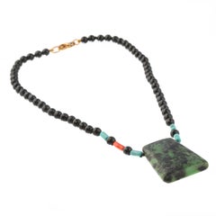 Black Faceted Agate Turquoise Coral Zoisite Silver Beaded Necklace Intini Jewels