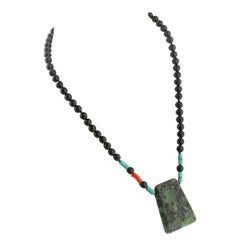 Black Faceted Agate Turquoise Coral Zoisite Silver Beaded Necklace Intini Jewels